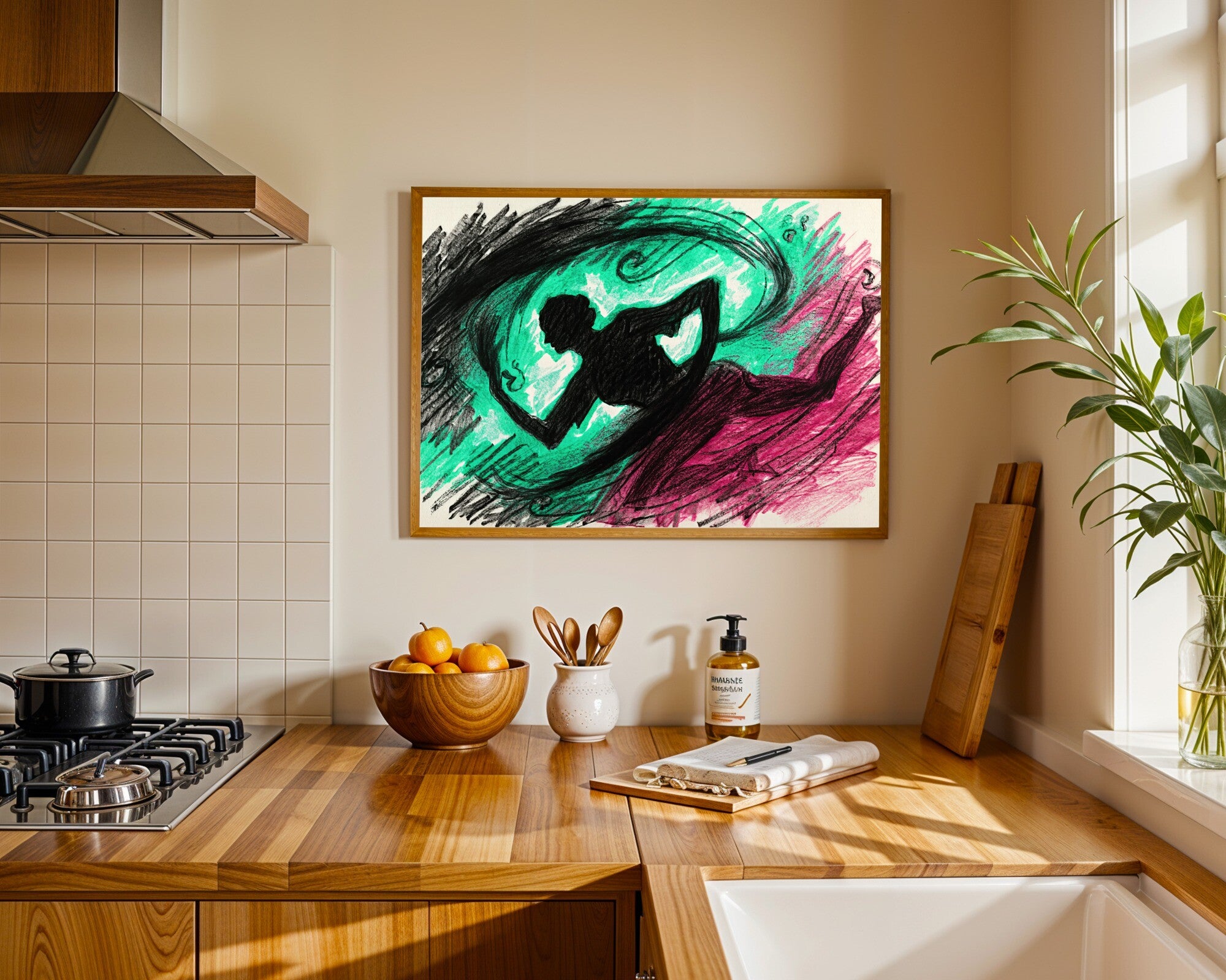 Looming Dancer Art Print, Abstract Charcoal & Graphite Wall Art | Sea Green & Raspberry — room-l-kitchen-wood