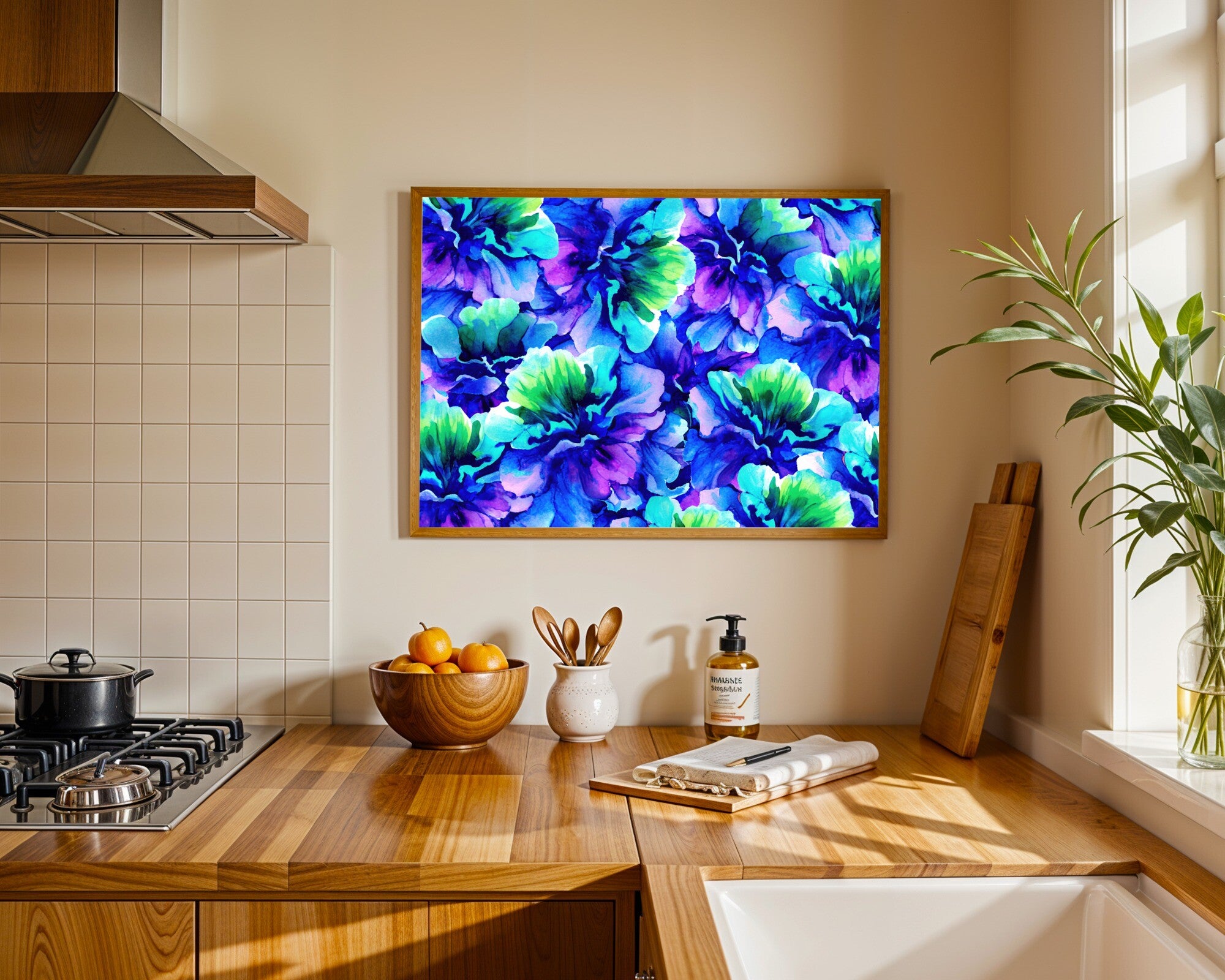 Jewel Tone Watercolour Art Print | Sapphire Emerald Amethyst Abstract Blooms | Landscape Wall Art — room-l-kitchen-wood