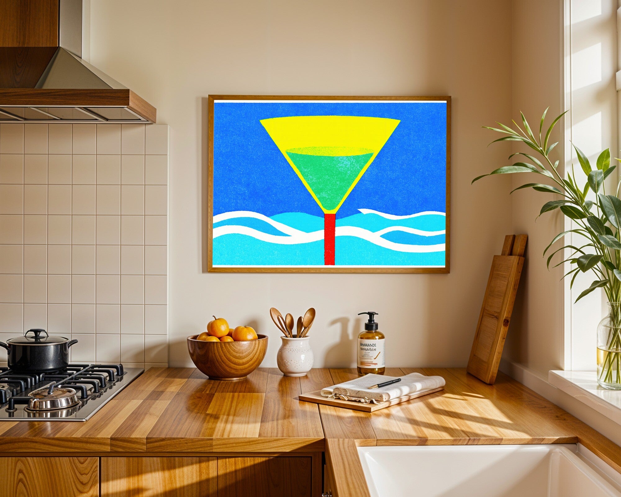 The Martini Sea, Risograph Art Print | Cocktail Seascape Wall Art | Acid Blush, Jade & Sky Blue — room-l-kitchen-wood