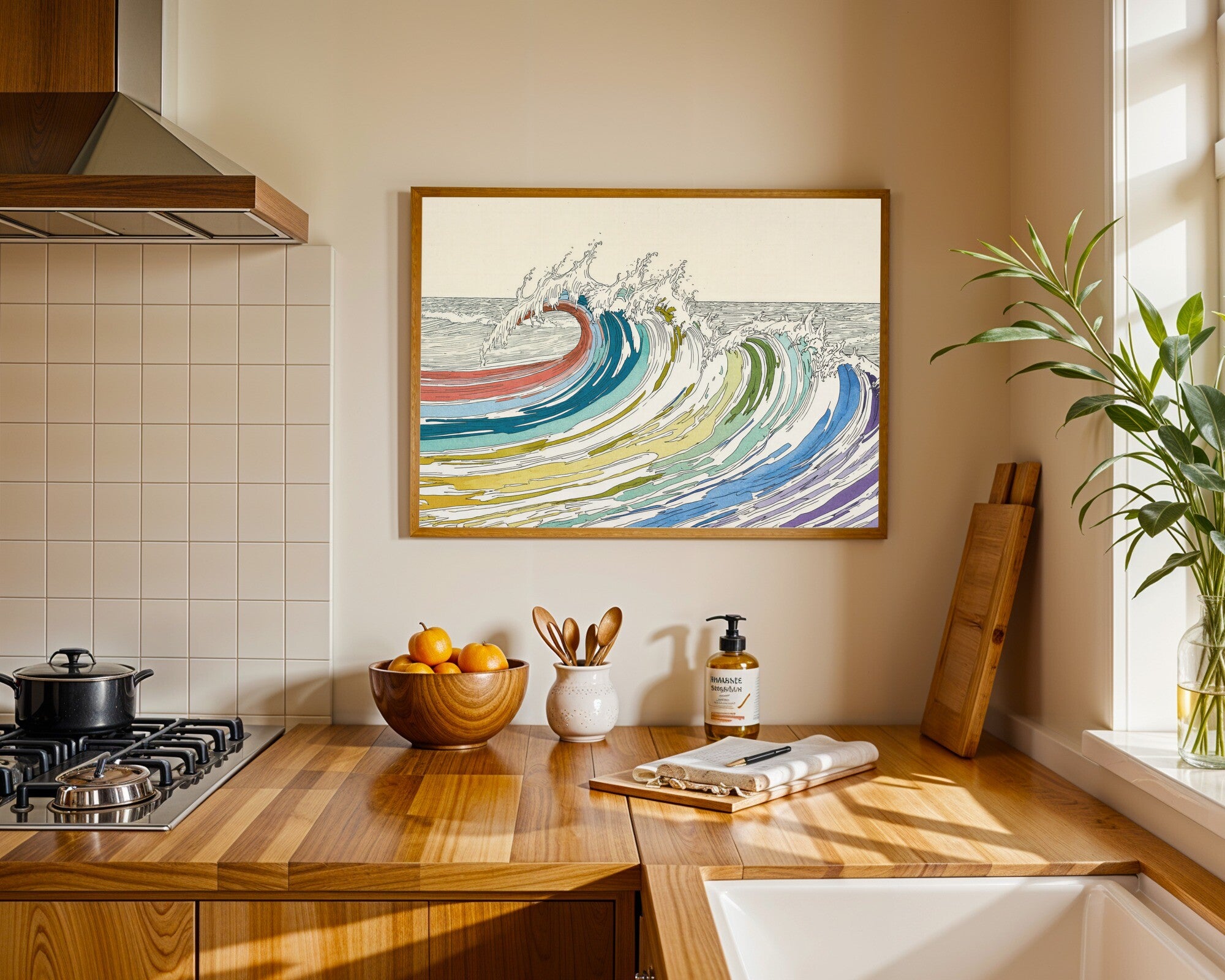 Cresting Wave Art Print, Polychromatic Fine Line Wall Art, Coastal Abstract — room-l-kitchen-wood