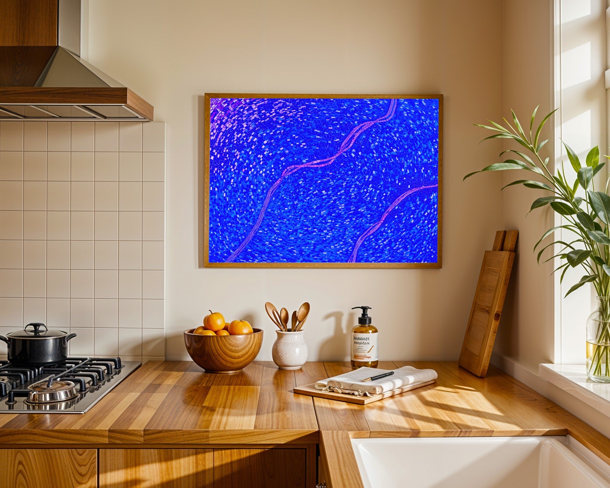 Ultramarine Mosaic Wall Art, Abstract Colour Field Art Print with Violet Tessera Detail — room-l-kitchen-wood