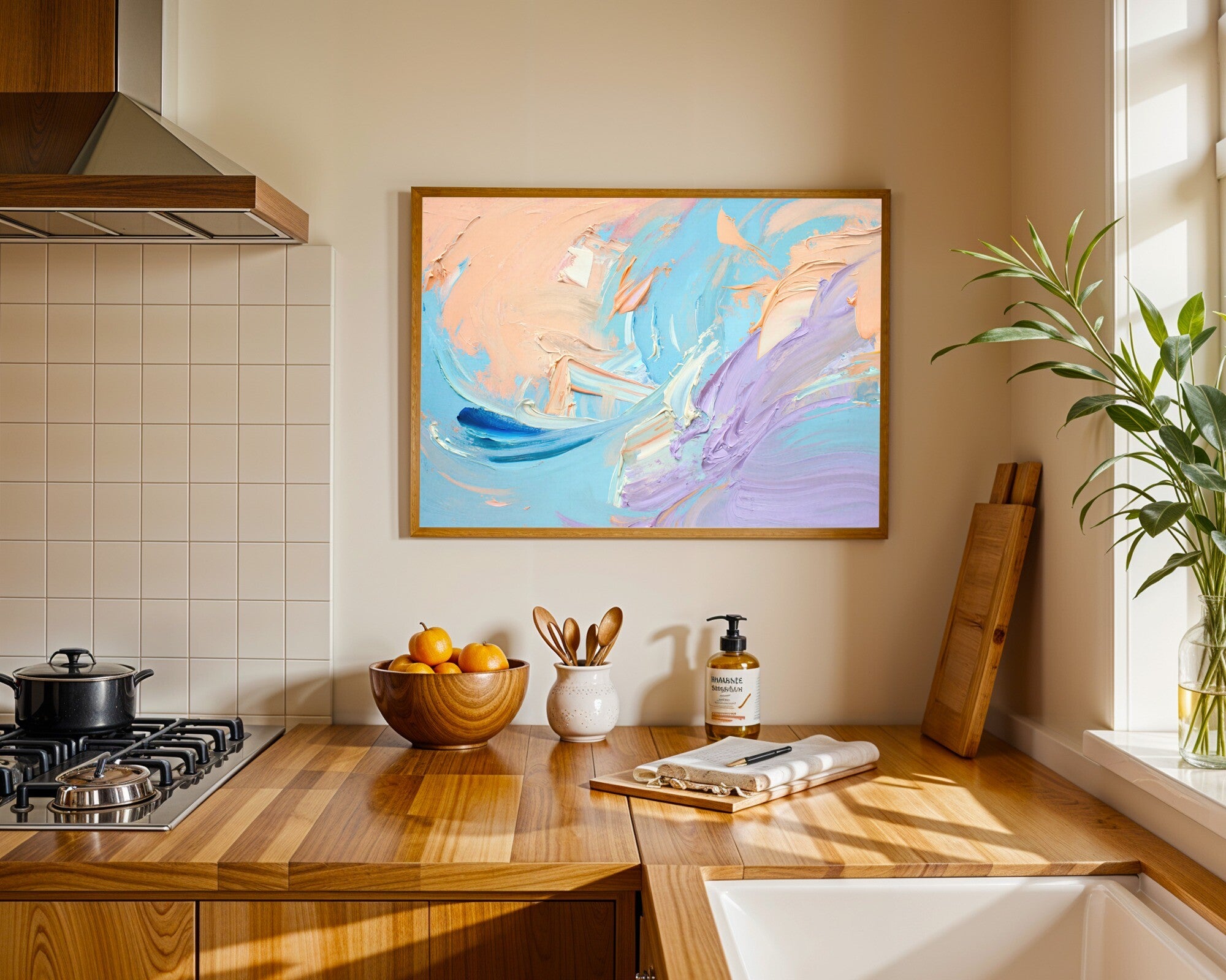 Ethereal Impasto Wall Art | Abstract Gestural Art Print | Pastel Peach Blue Lavender | Framing-Ready — room-l-kitchen-wood