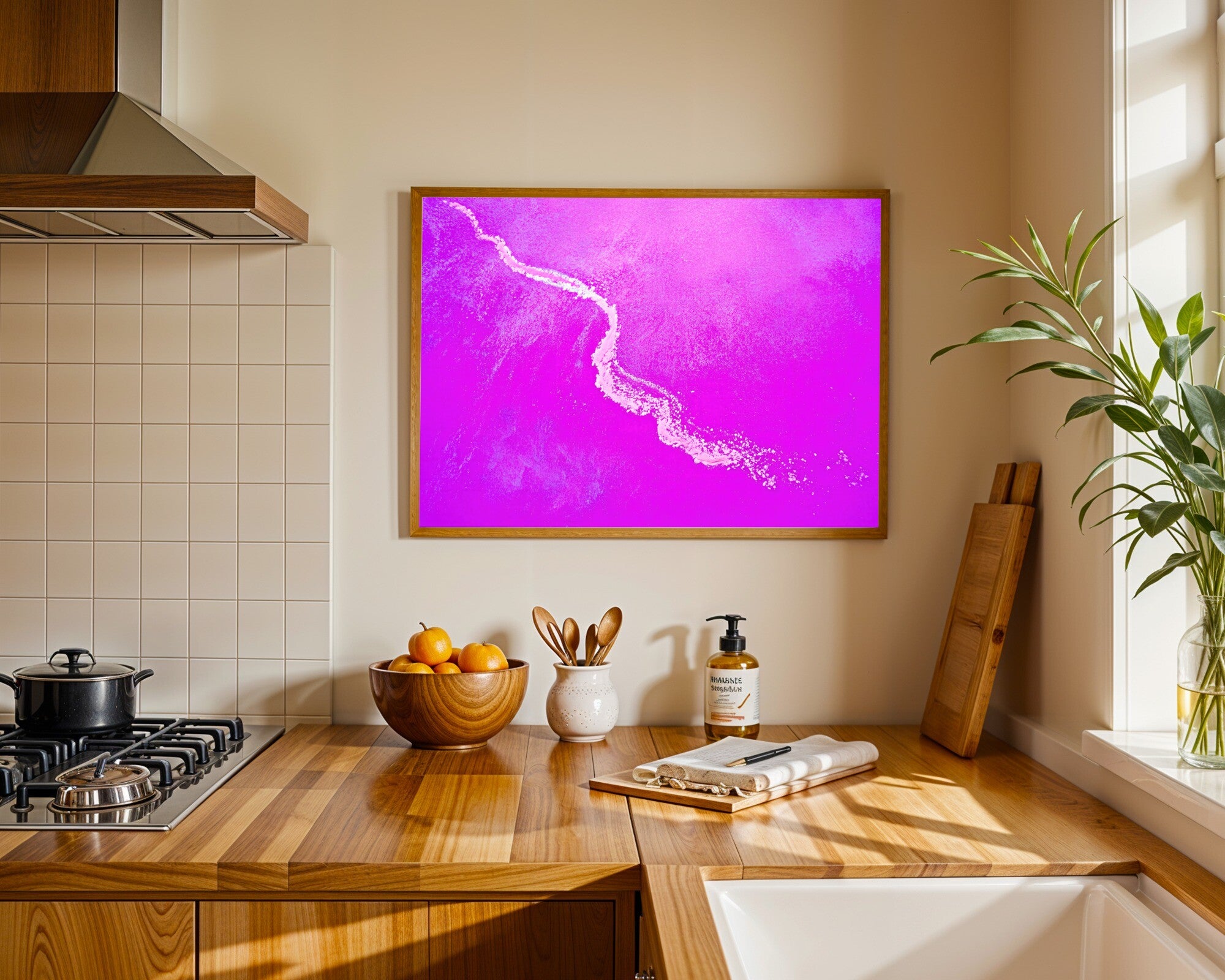 Wild Pink Expanse, Abstract Chalk Stroke Wall Art | Saturated Primary Color Print — room-l-kitchen-wood