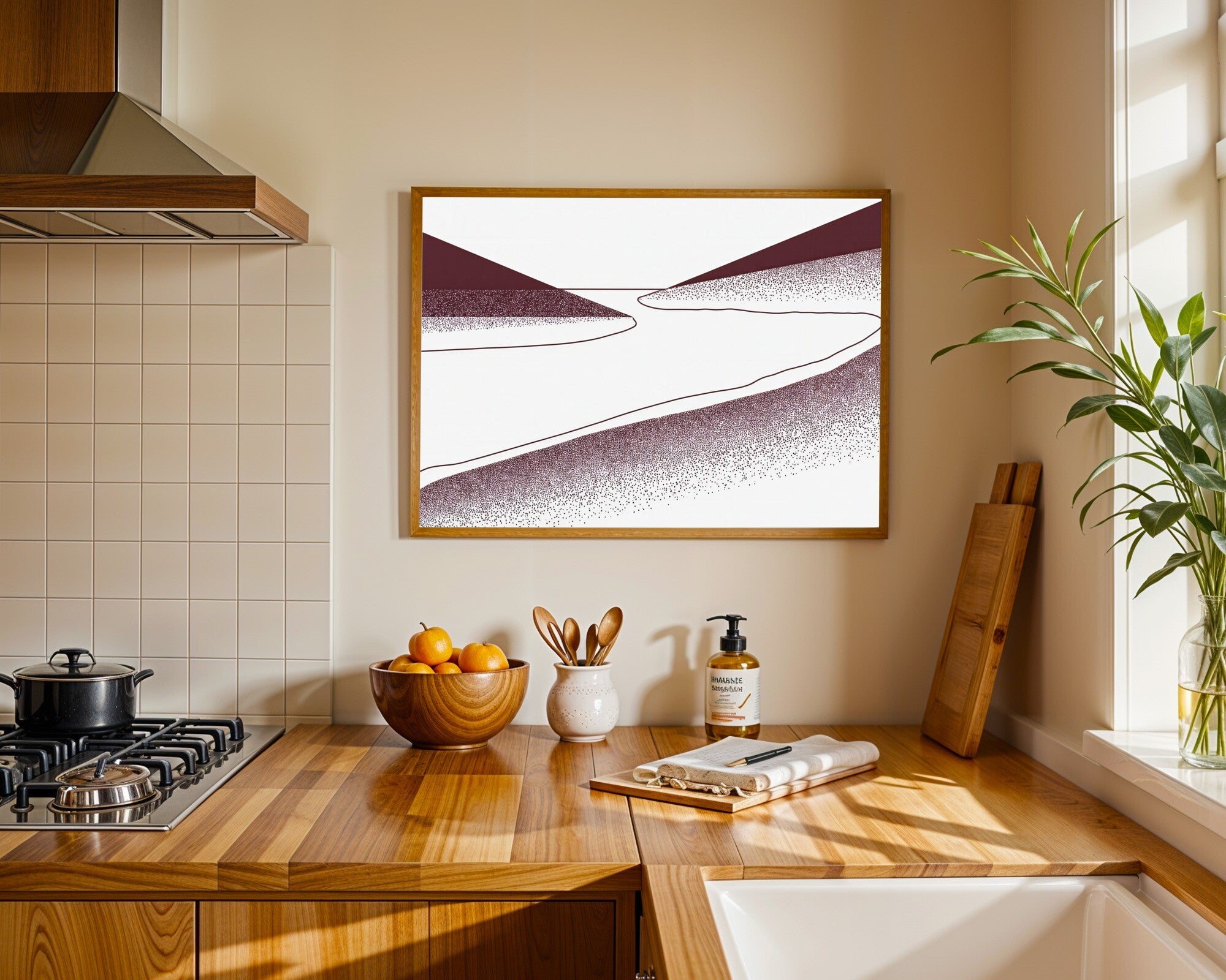 Oxblood Riverbank, Stippled Bauhaus Landscape Art Print | Minimalist Geometric Wall Art — room-l-kitchen-wood