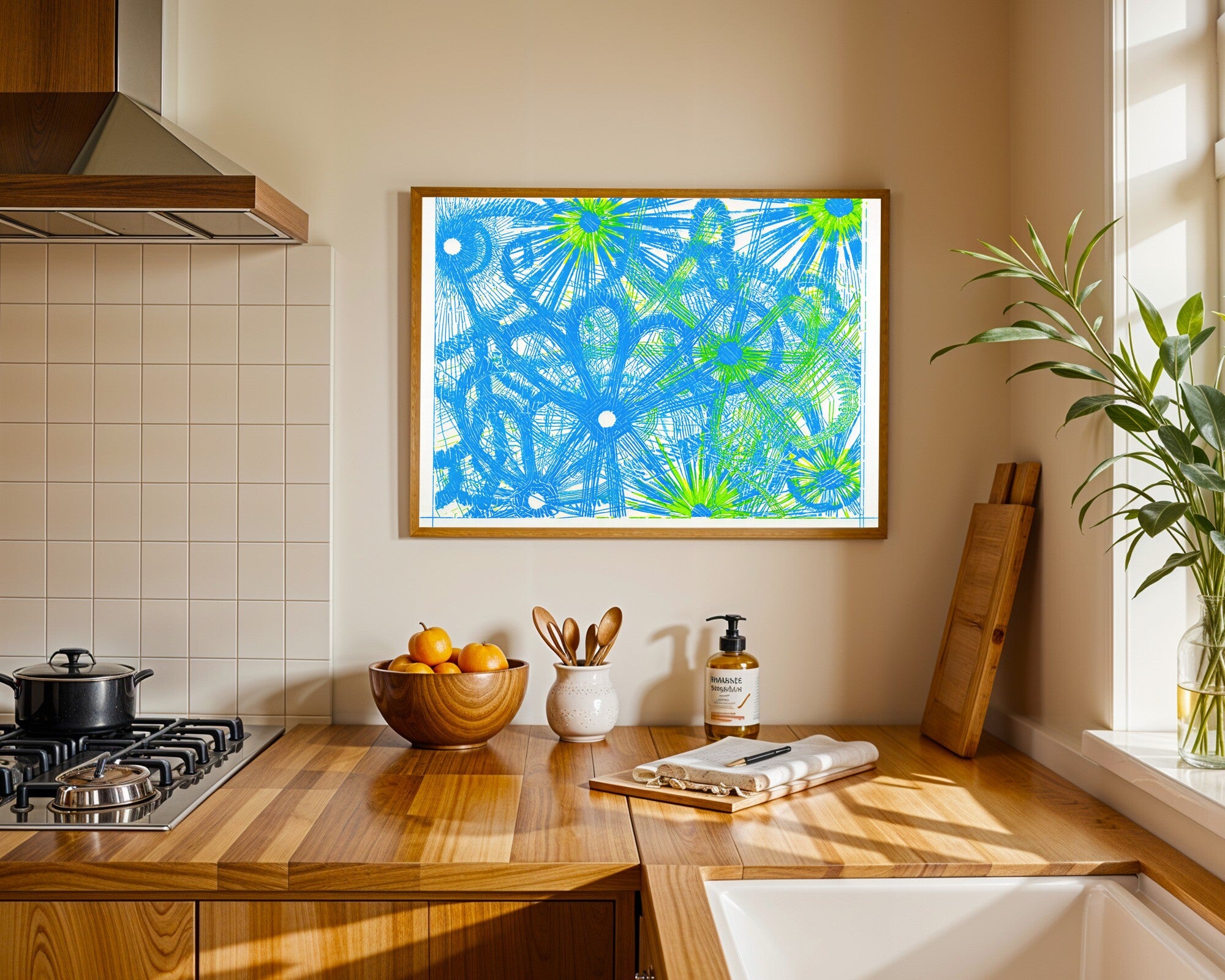 Circuit Radiance, Electric Neon Geometric Art Print | Cyan & Lime Blueprint Wall Art — room-l-kitchen-wood