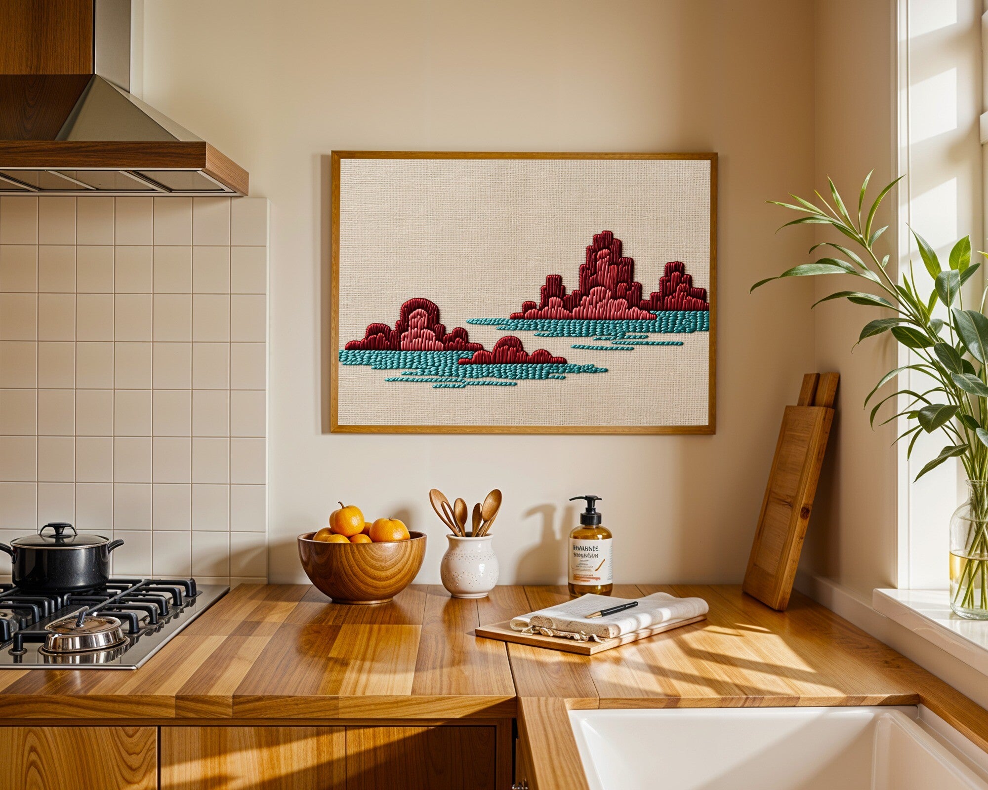 Arabesque Barrier Reef Art Print, Scarlet & Cyan Embroidery on Raw Linen | Wall Art — room-l-kitchen-wood