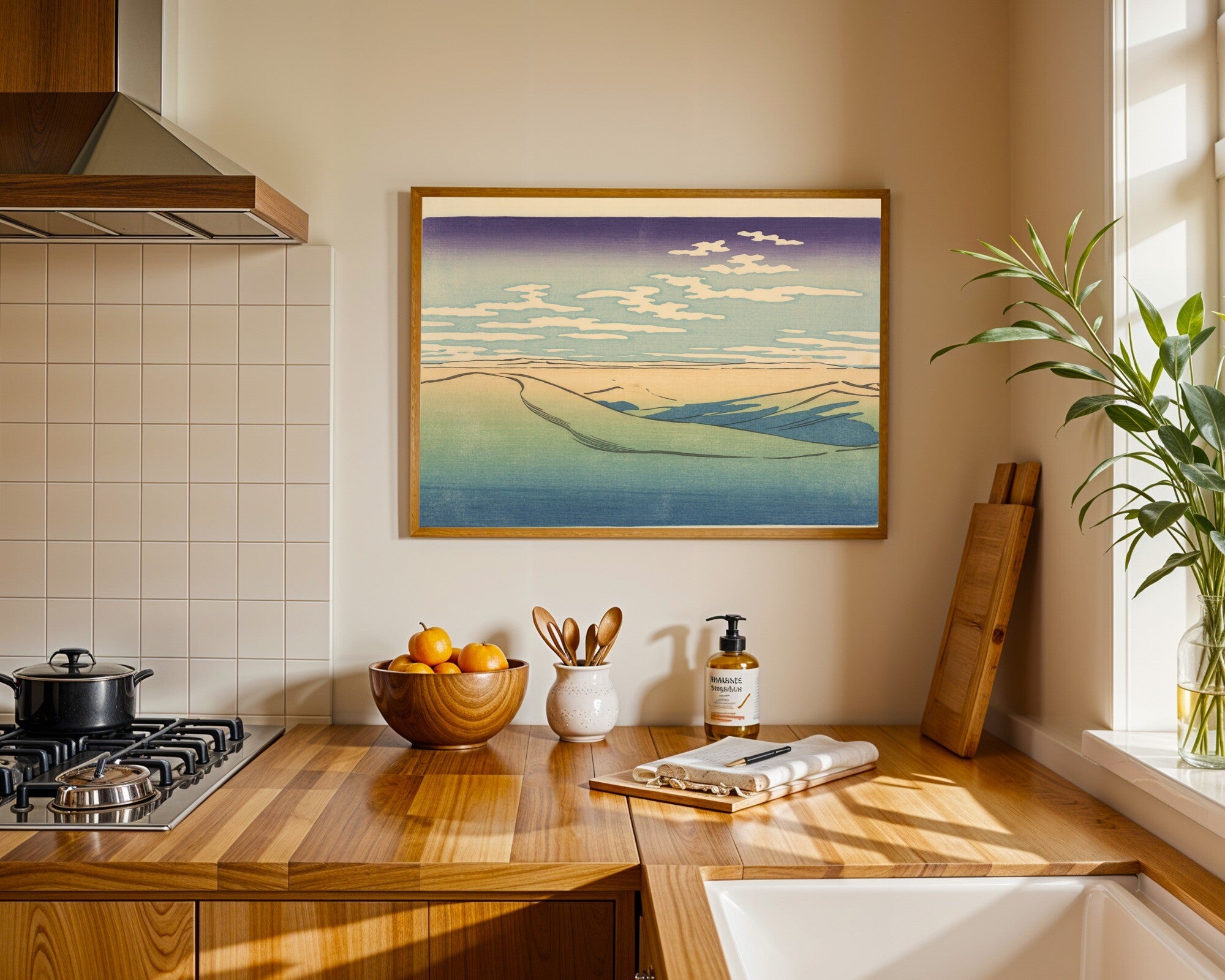 Desert Horizon Wall Art, Ukiyo-e Woodblock Style Print | Lilac & Green Duotone Landscape — room-l-kitchen-wood