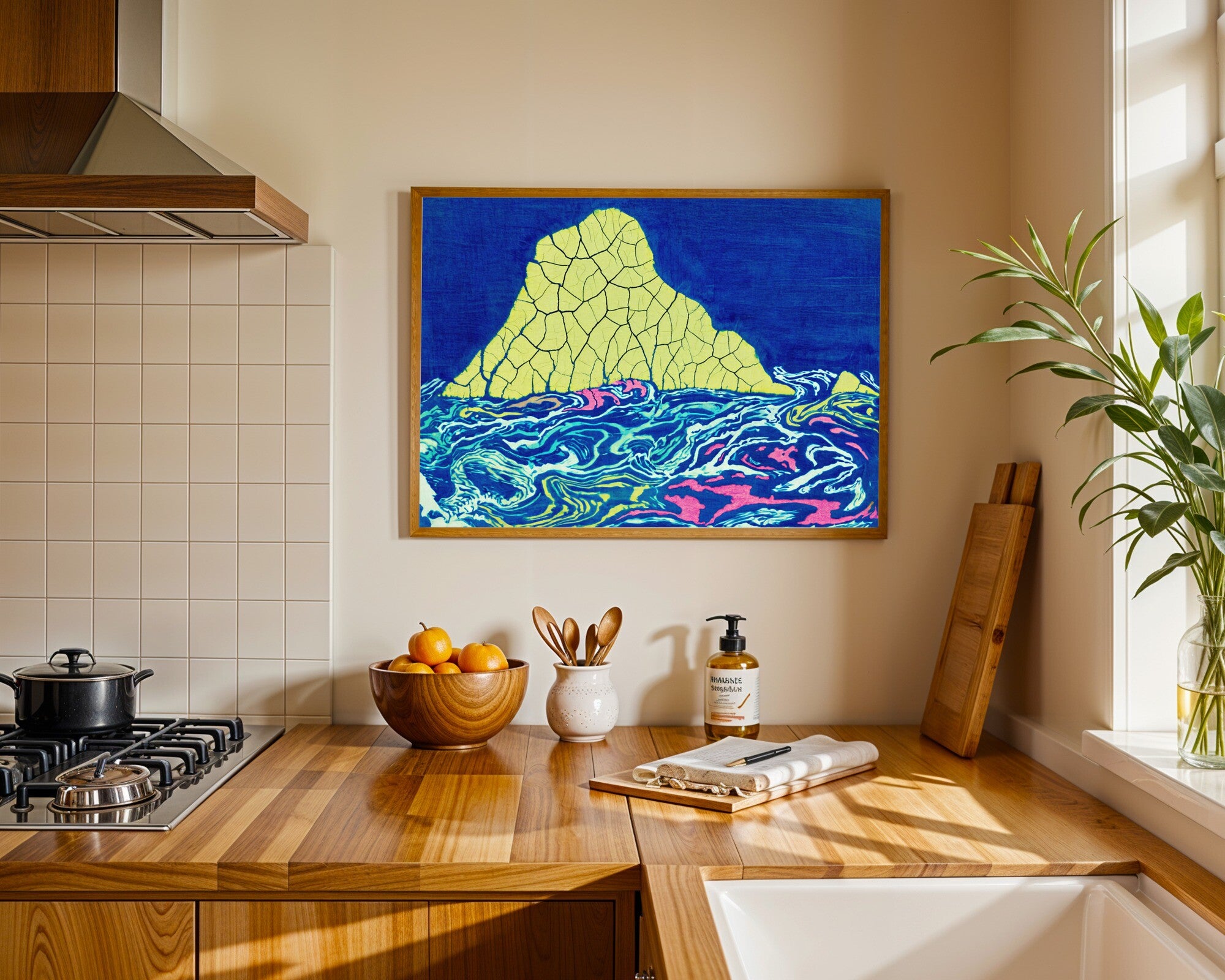 Abyssal Seamount Wall Art Print, Batik Ocean Landscape in Muted Sulphur, Cyan & Fuchsia | Giclée — room-l-kitchen-wood