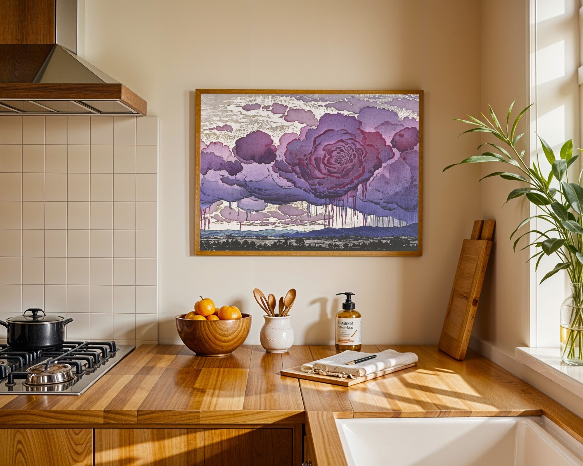 Passing Front, Linocut Landscape Art Print, Atmospheric Wall Art in Amethyst and Rose — room-l-kitchen-wood