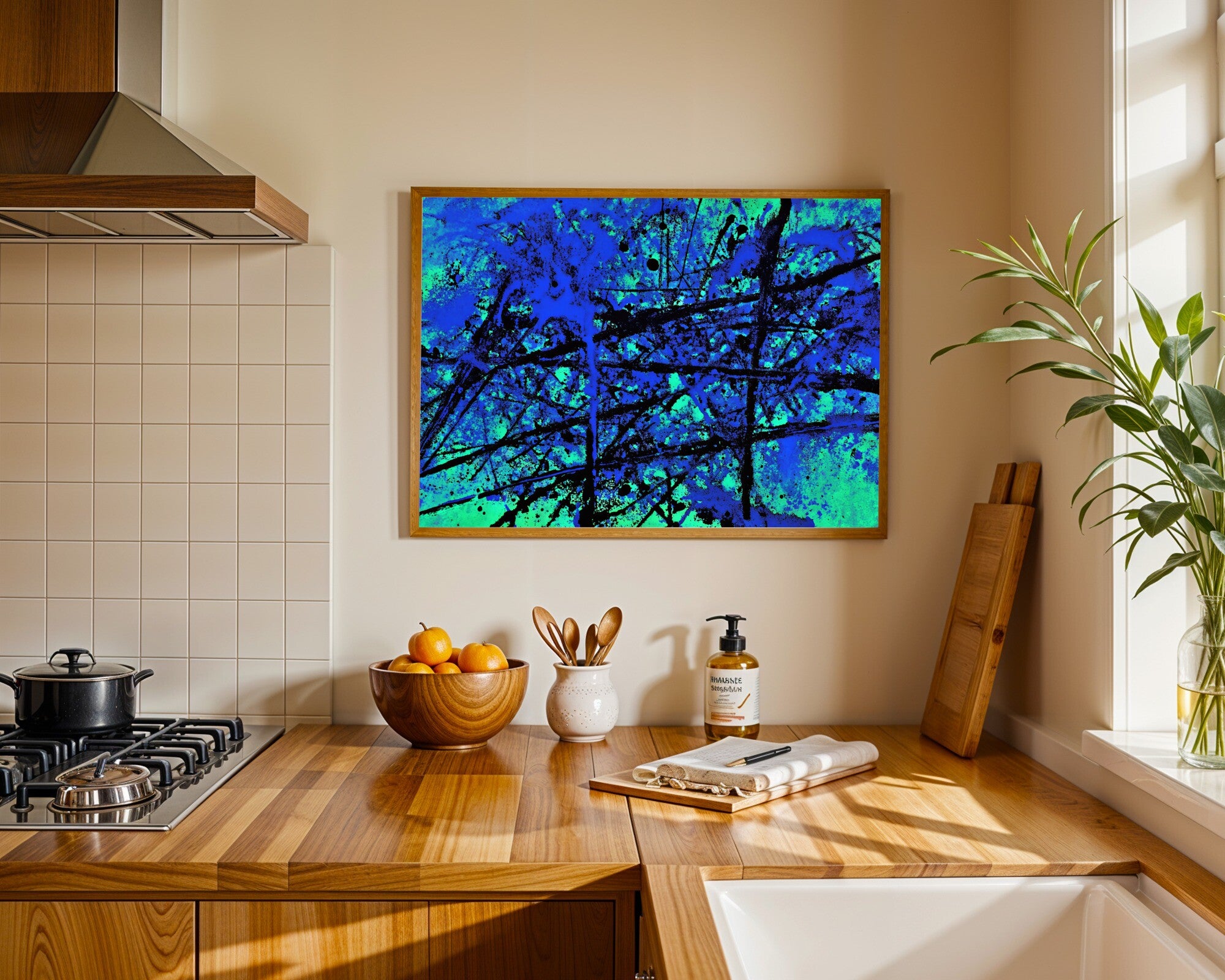 Charcoal Collision, Jewel Tone Abstract Wall Art | Sapphire, Emerald & Graphite Art Print — room-l-kitchen-wood
