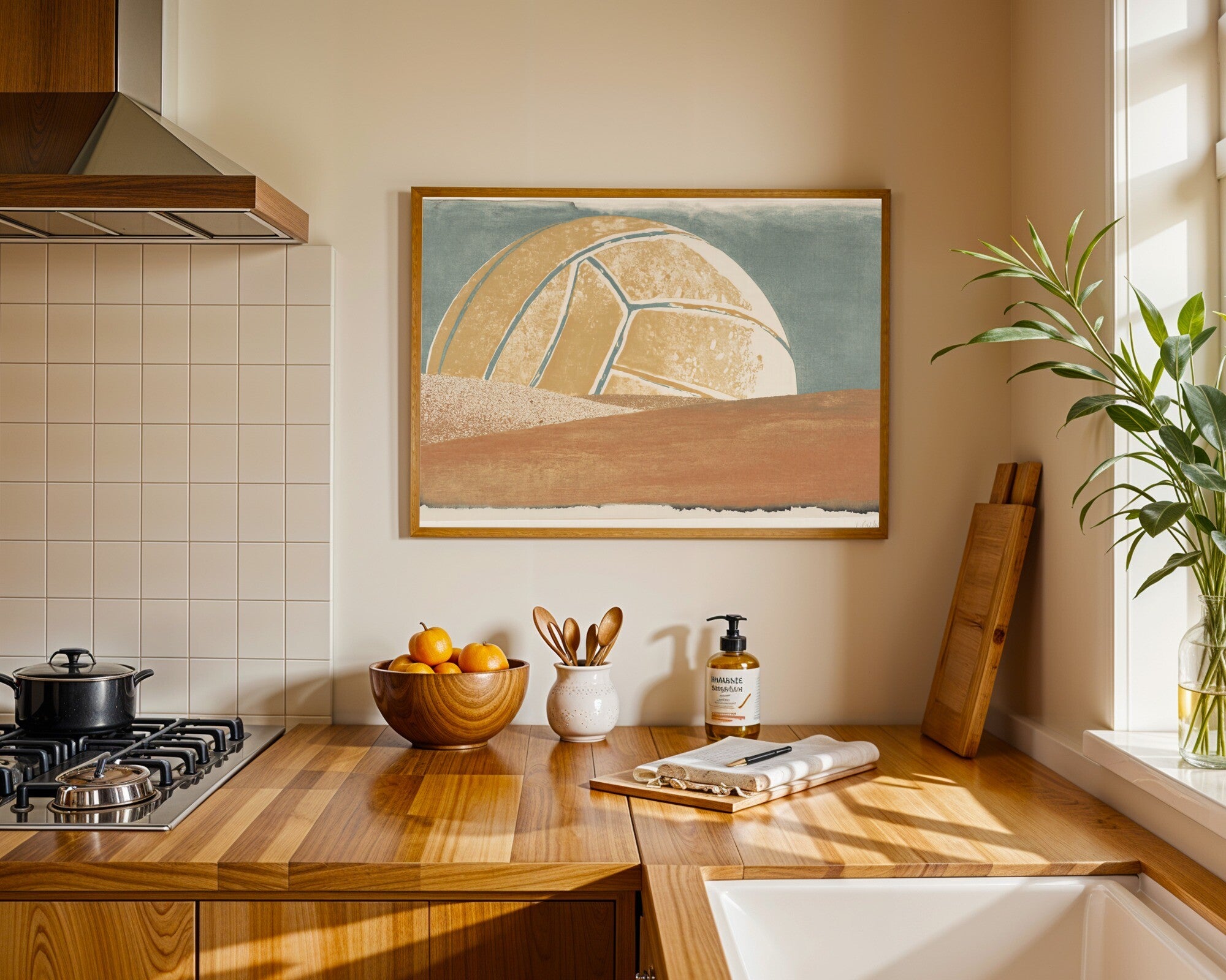 Desert Volleyball Moon, Minimalist Monoprint Wall Art Print | Muted Earth Tones — room-l-kitchen-wood