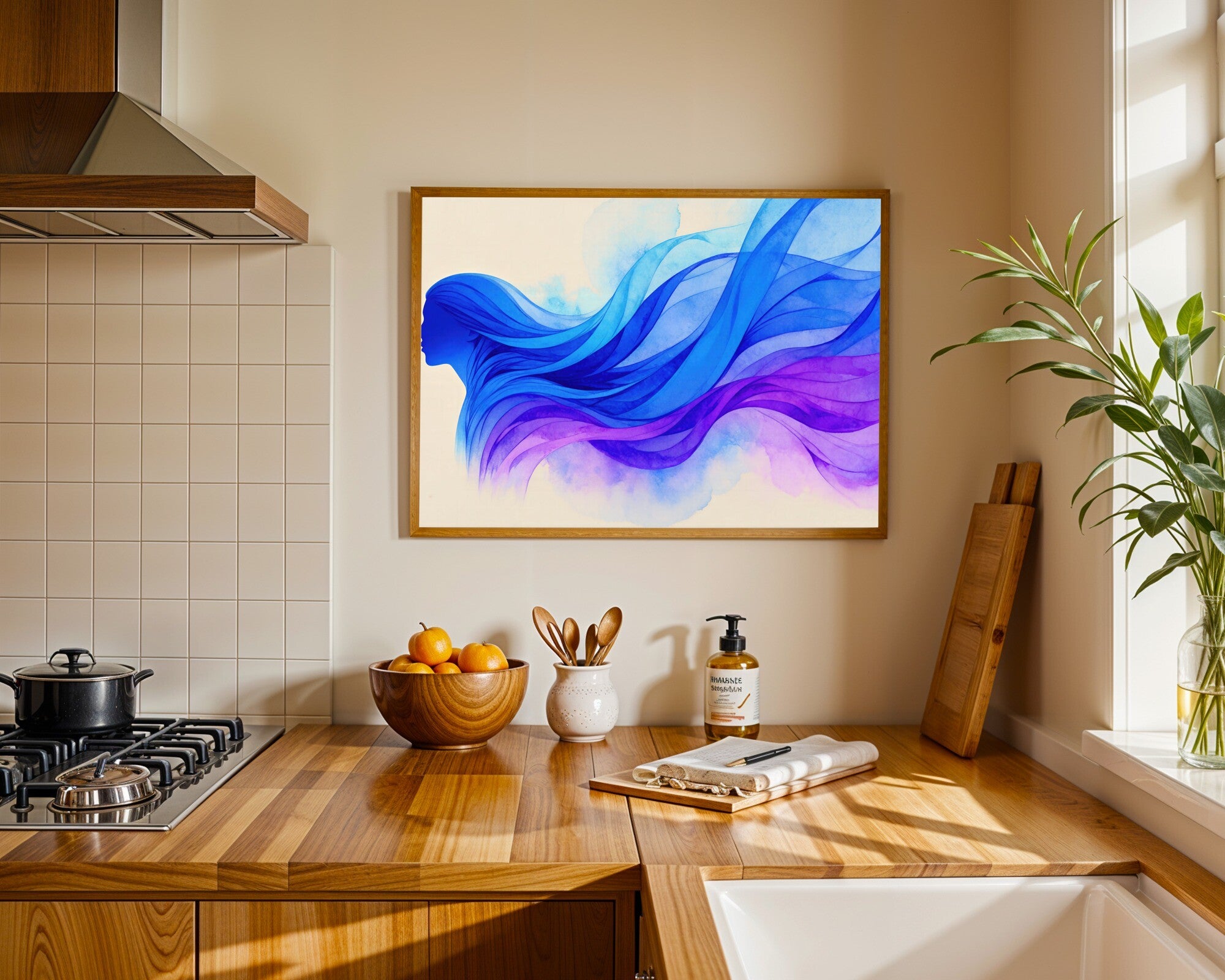 Silk Reverie, Abstract Man Silhouette Watercolour Wall Art in Steel Blue & Amethyst — room-l-kitchen-wood
