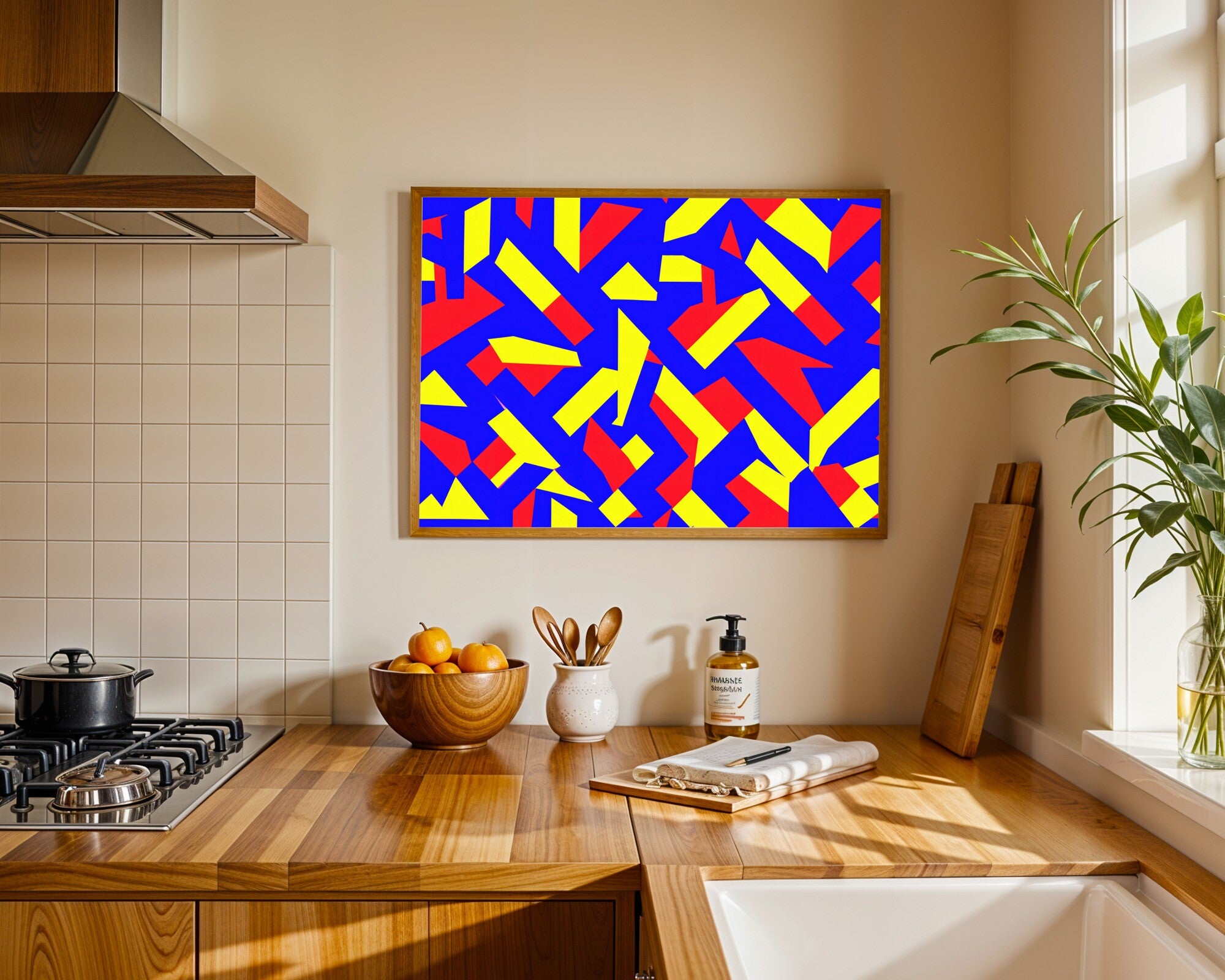 Primary Shards · Abstract Geometric Wall Art | Interlocking Colour Fragment Art Print, Red Blue Yellow — room-l-kitchen-wood