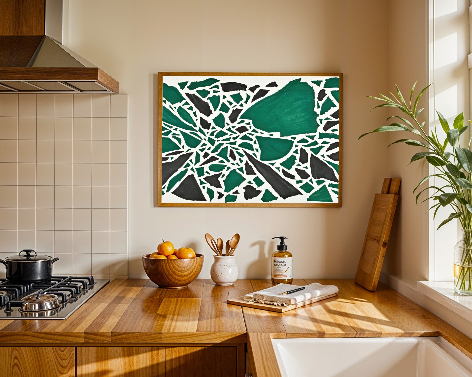 Sudden Reversal, Emerald & Charcoal Abstract Art Print | Bold Geometric Wall Art — room-l-kitchen-wood