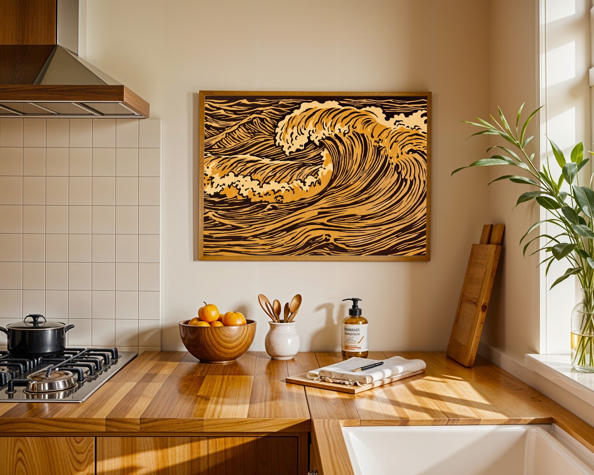 Frozen Amber Wave Wall Art | Woodblock Relief Art Print | Muted Ochre & Umber Landscape — room-l-kitchen-wood