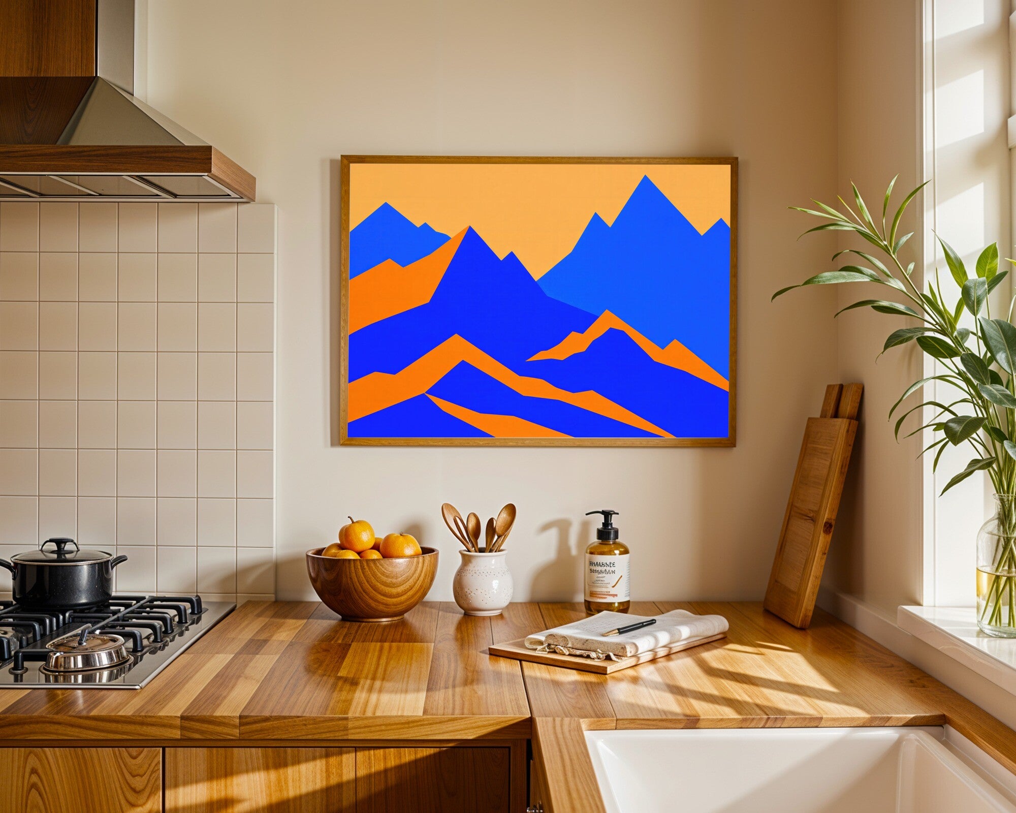 Azure Mountain Landscape Art Print | Geometric Wall Art | Minimalist Mountains in Blue & Ginger — room-l-kitchen-wood