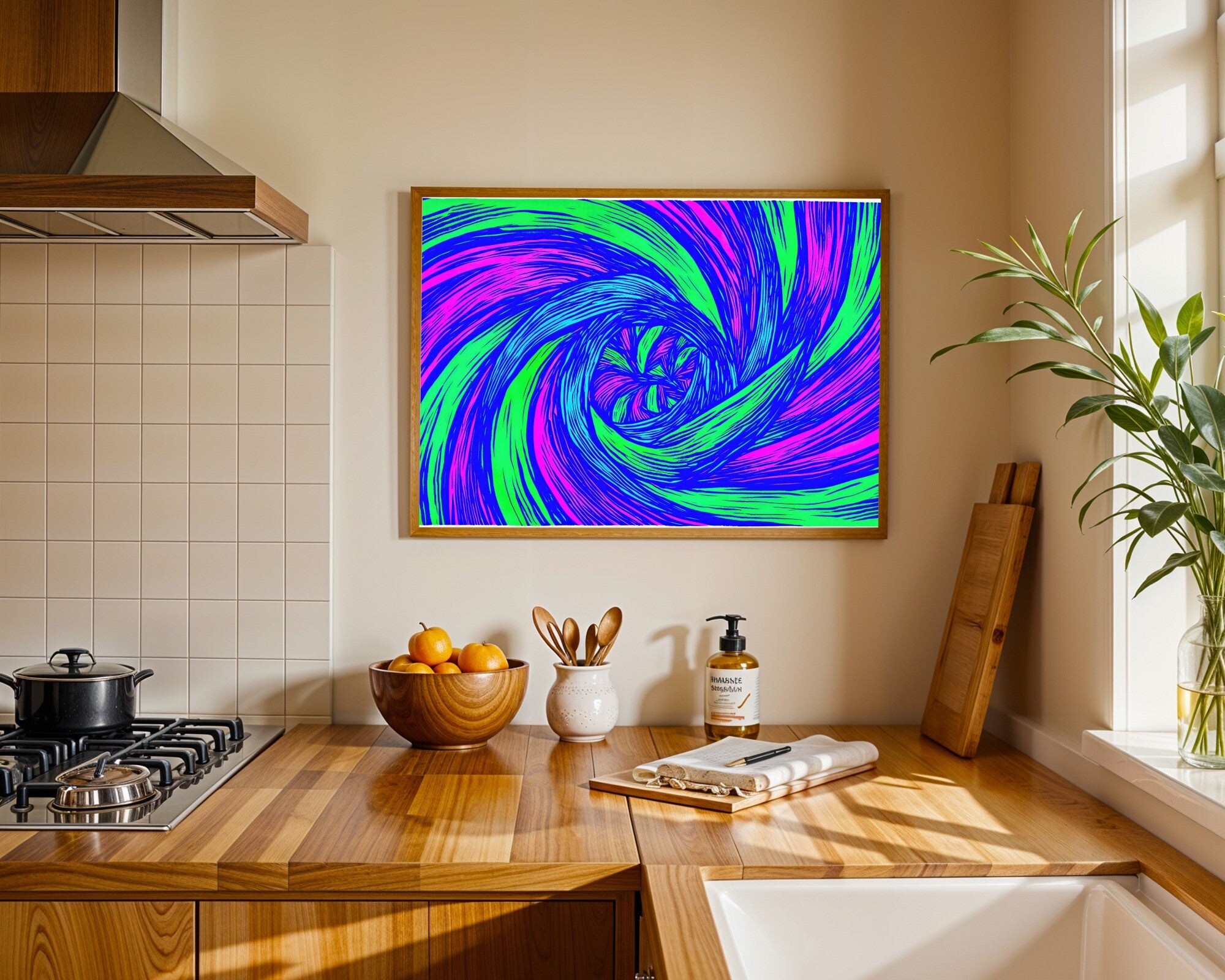 Electric Vortex Linocut Art Print, Neon Violet & Acid Green Abstract Spiral Wall Art — room-l-kitchen-wood