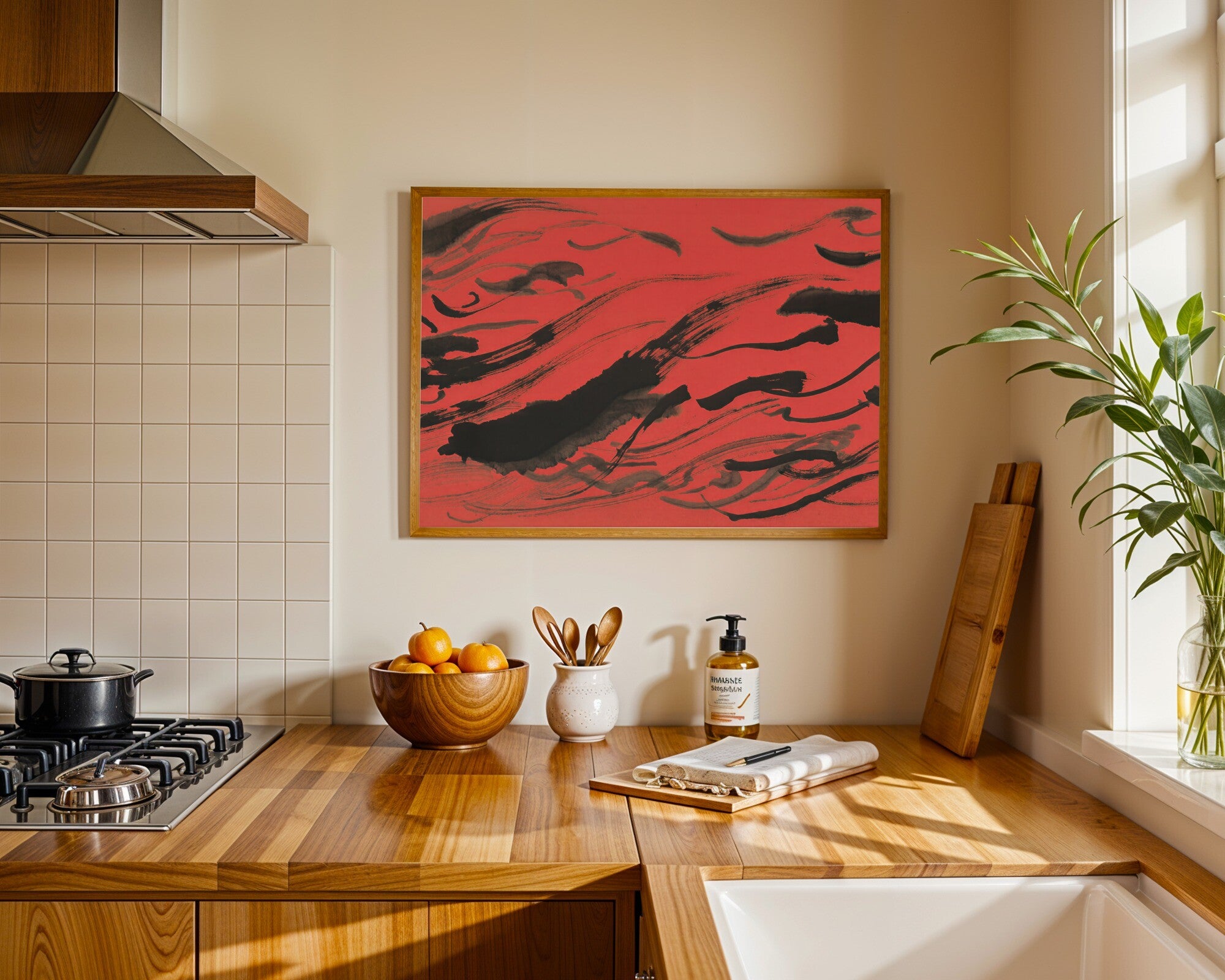 Vermillion Storm, Gestural Sumi-e Ink Wall Art | Charcoal Art Print in Landscape — room-l-kitchen-wood