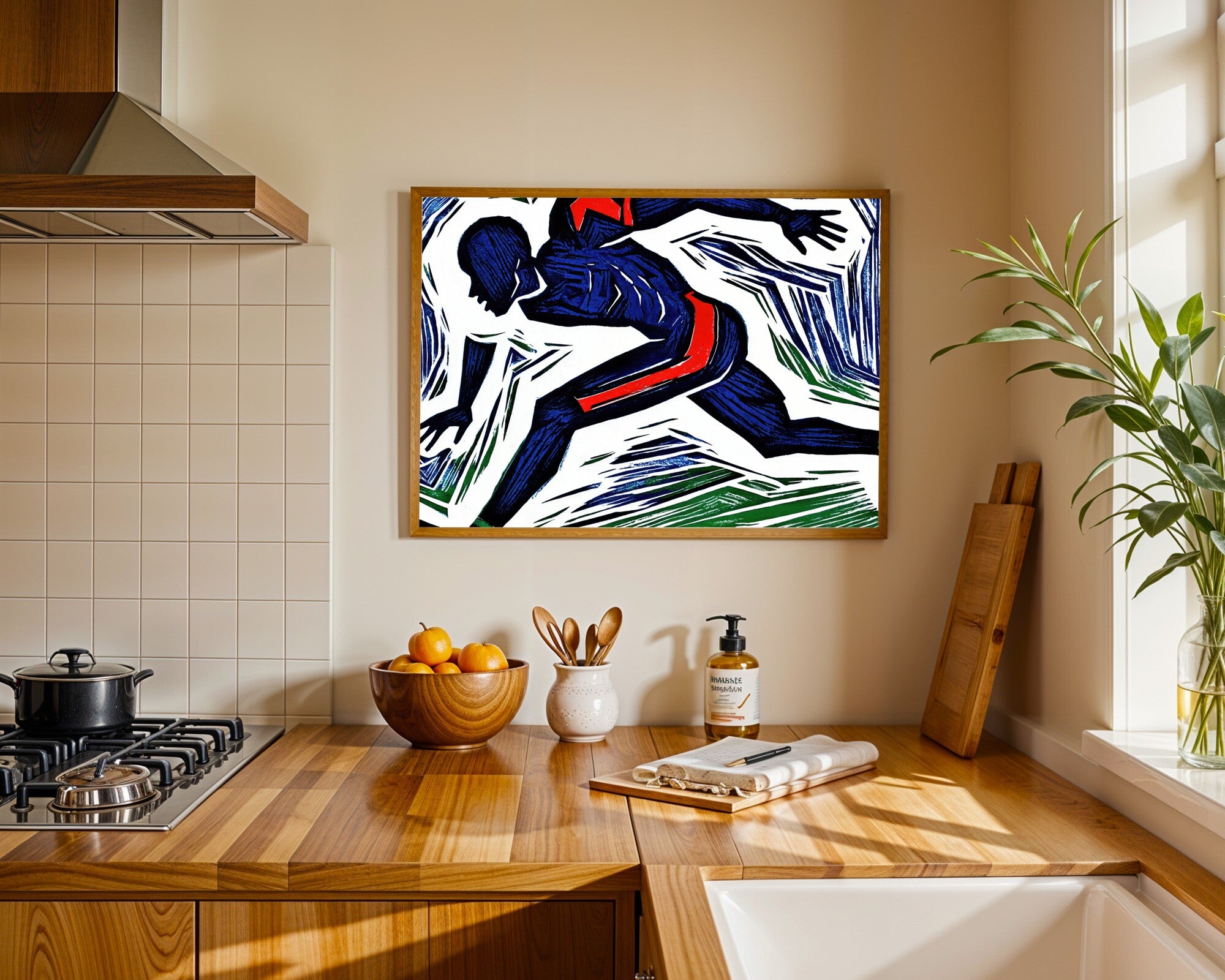 Mid-Stride, Woodblock Football Player Wall Art | Bold Graphic Sports Art Print, Navy Scarlet Viridian — room-l-kitchen-wood