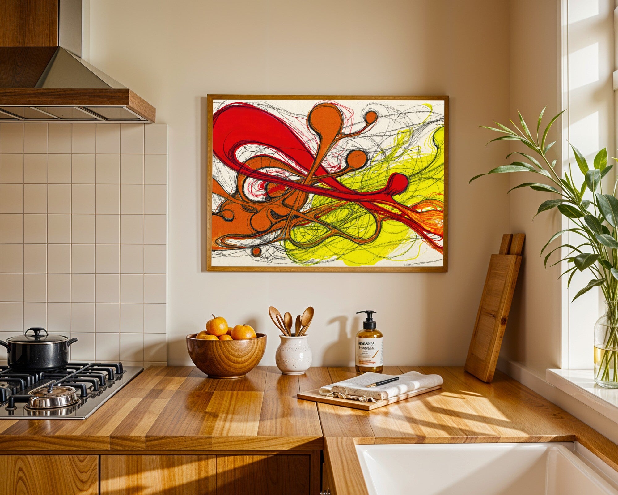 Fluid Embers, Gestural Abstract Art Print | Crimson, Burnt Orange & Yellow Wall Art — room-l-kitchen-wood