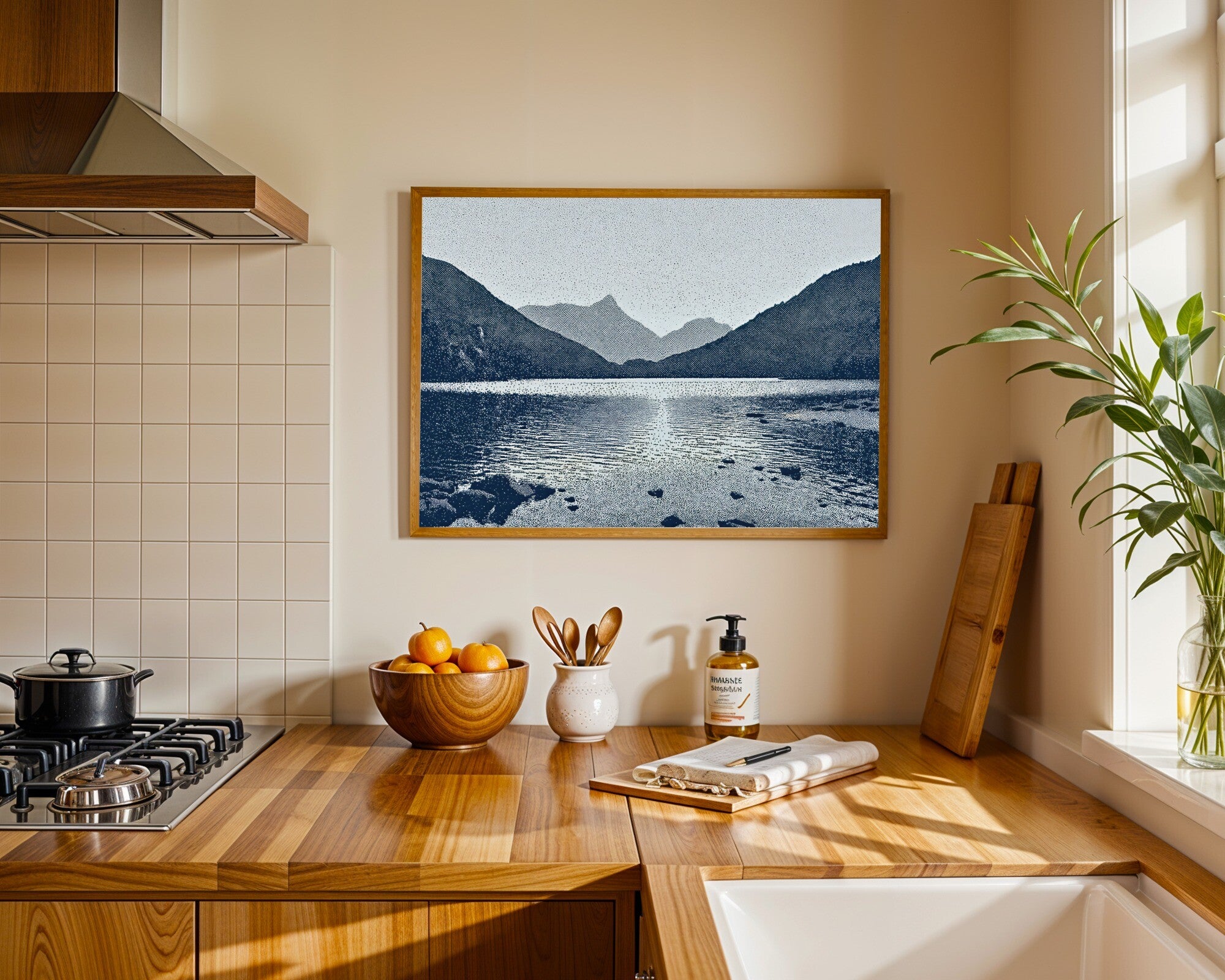 Loch & Mountain Halftone Wall Art | Slate Grey Graphic Print | Tranquil Highland Landscape — room-l-kitchen-wood