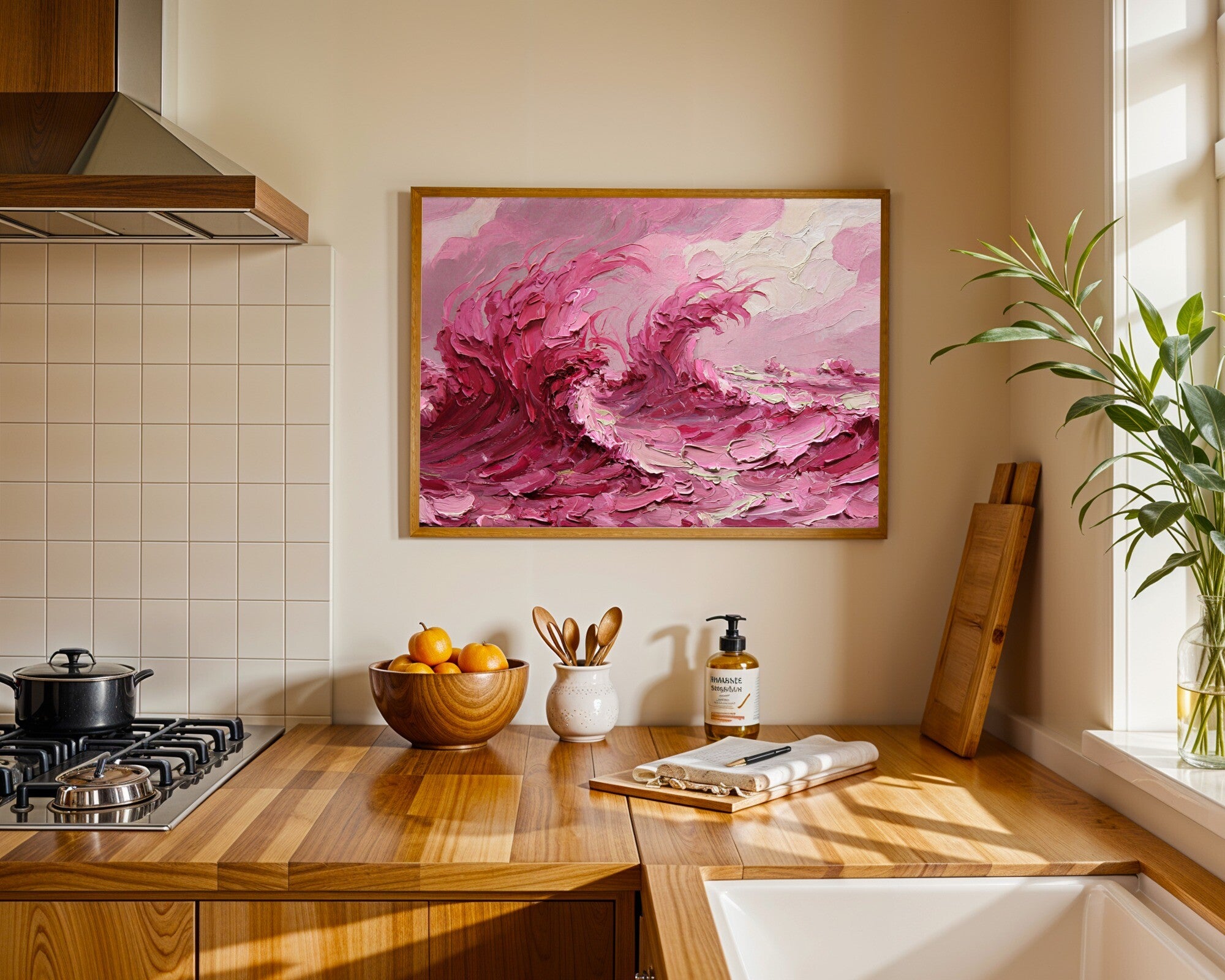 Katabatic, Monochrome Abstract Wall Art | Impasto Wind Study in Desaturated Pink — room-l-kitchen-wood