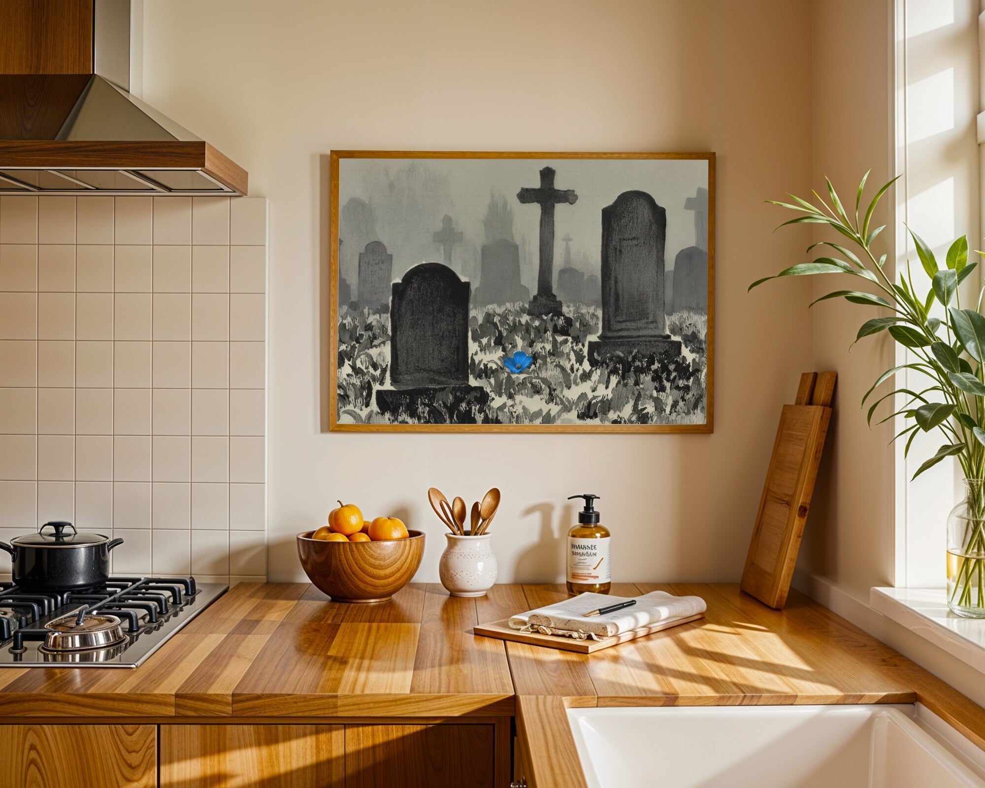 Still Ground, Cemetery Silhouettes Wall Art Print | Near-Monochrome with Ultramarine Petal — room-l-kitchen-wood