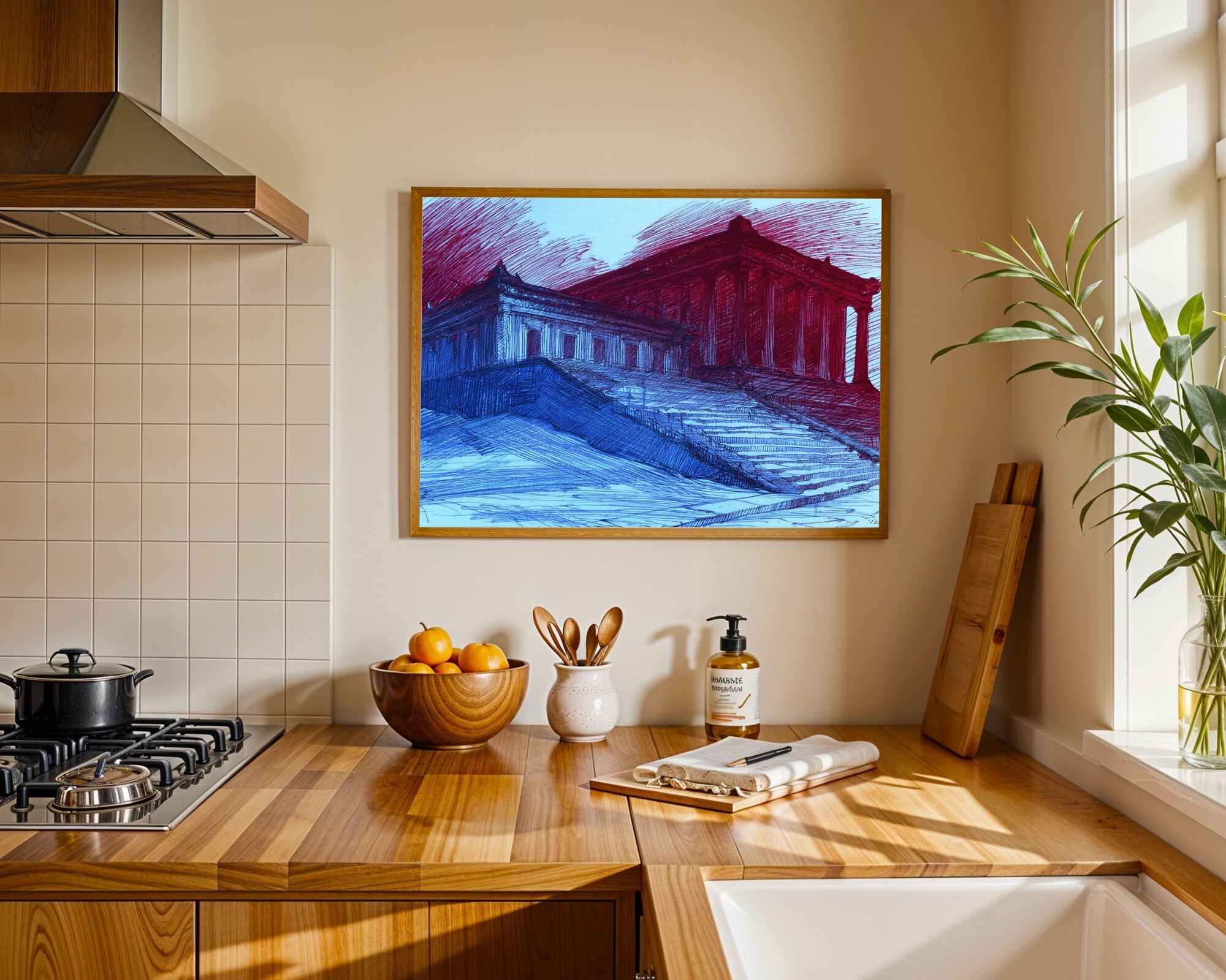 Kizhakemuri | Crimson & Azure Charcoal Wall Art | Expressive Architectural Art Print — room-l-kitchen-wood