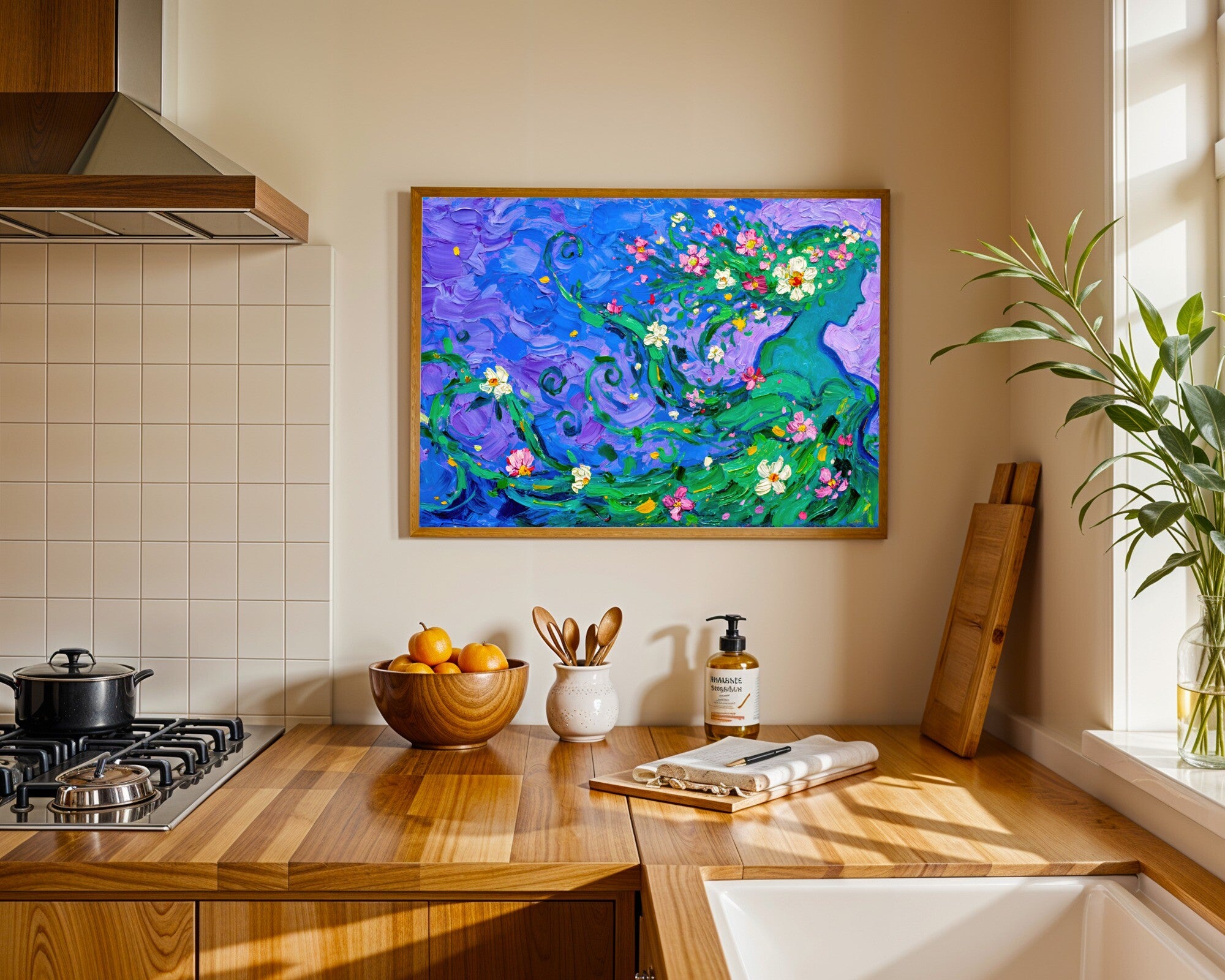 Flora and Form Wall Art Print, Jewel Tone Impasto Floral Silhouette in Sapphire, Emerald & Amethyst — room-l-kitchen-wood