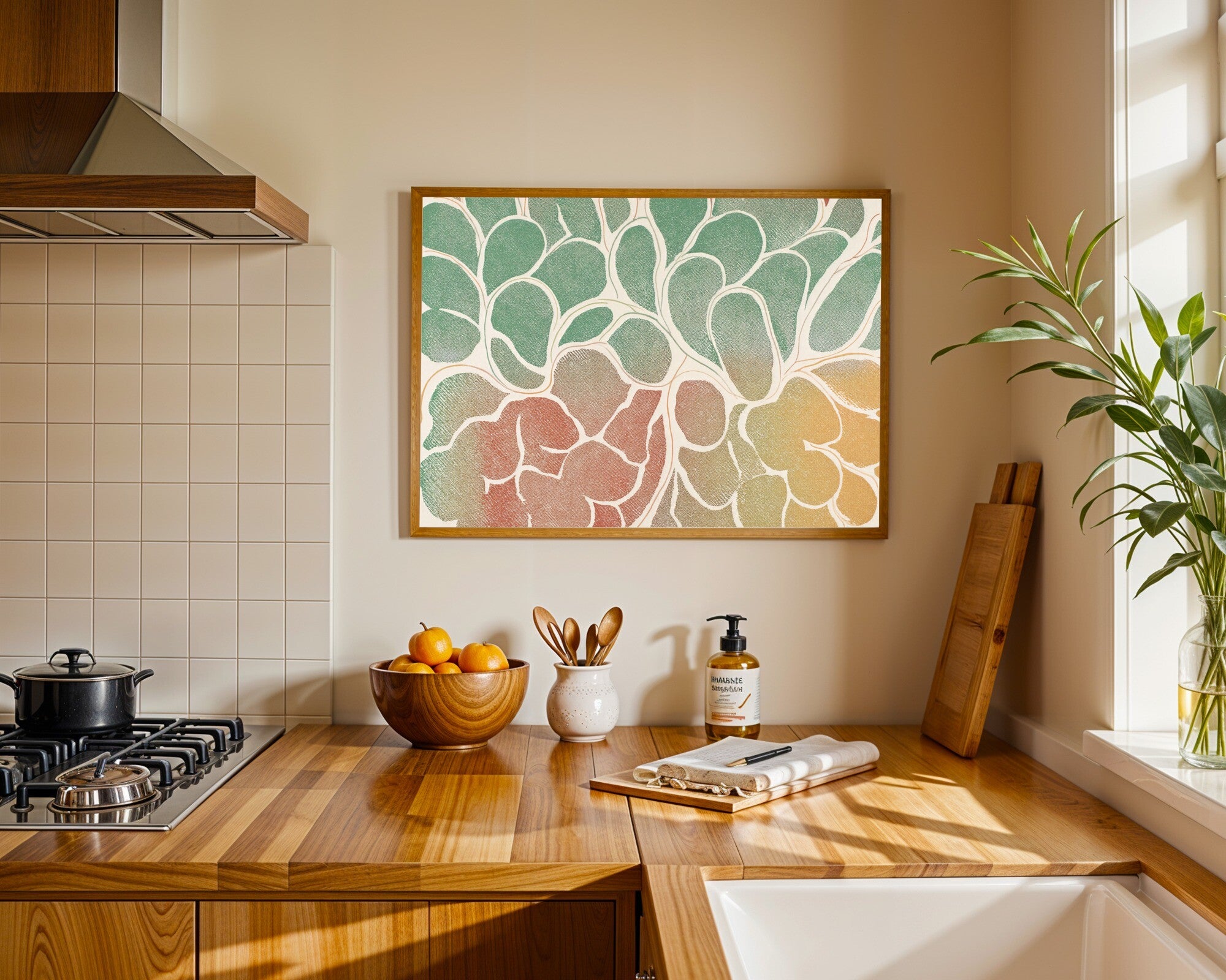 Layered Organic Fields Wall Art Print | Risograph Abstract | Sage Terracotta Ochre — room-l-kitchen-wood