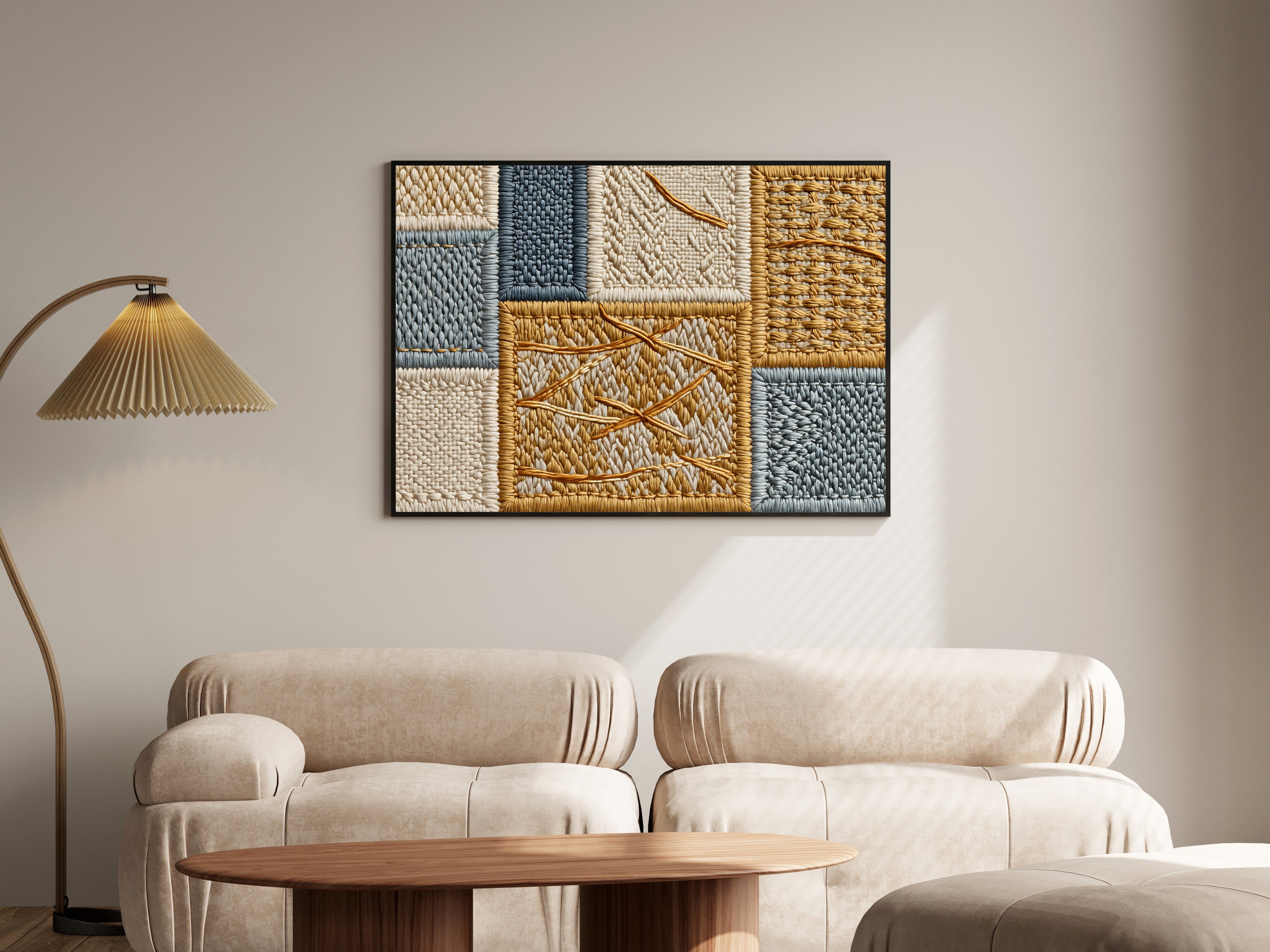 Embroidered Textile Grid Wall Art, Ochre, Slate & Raw Linen | Abstract Art Print — room-l-living-black