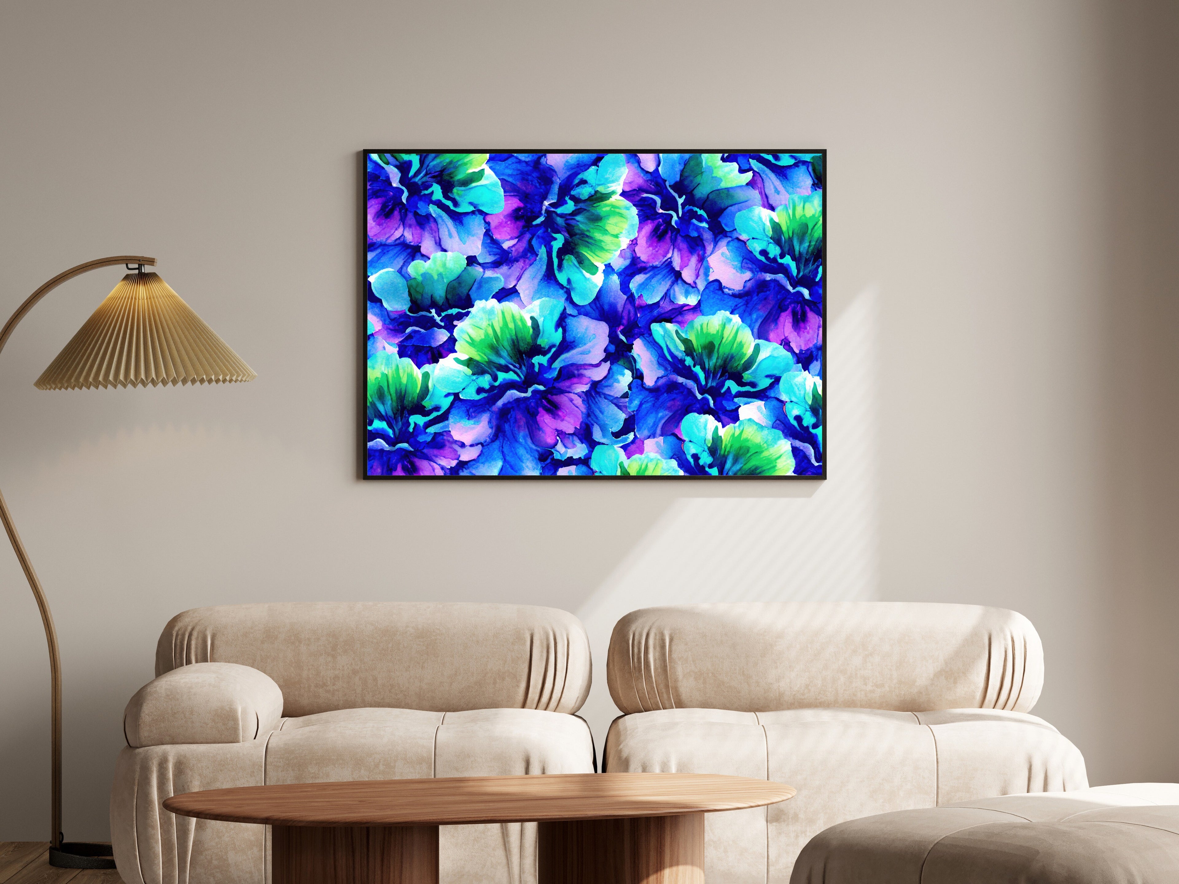 Jewel Tone Watercolour Art Print | Sapphire Emerald Amethyst Abstract Blooms | Landscape Wall Art — room-l-living-black