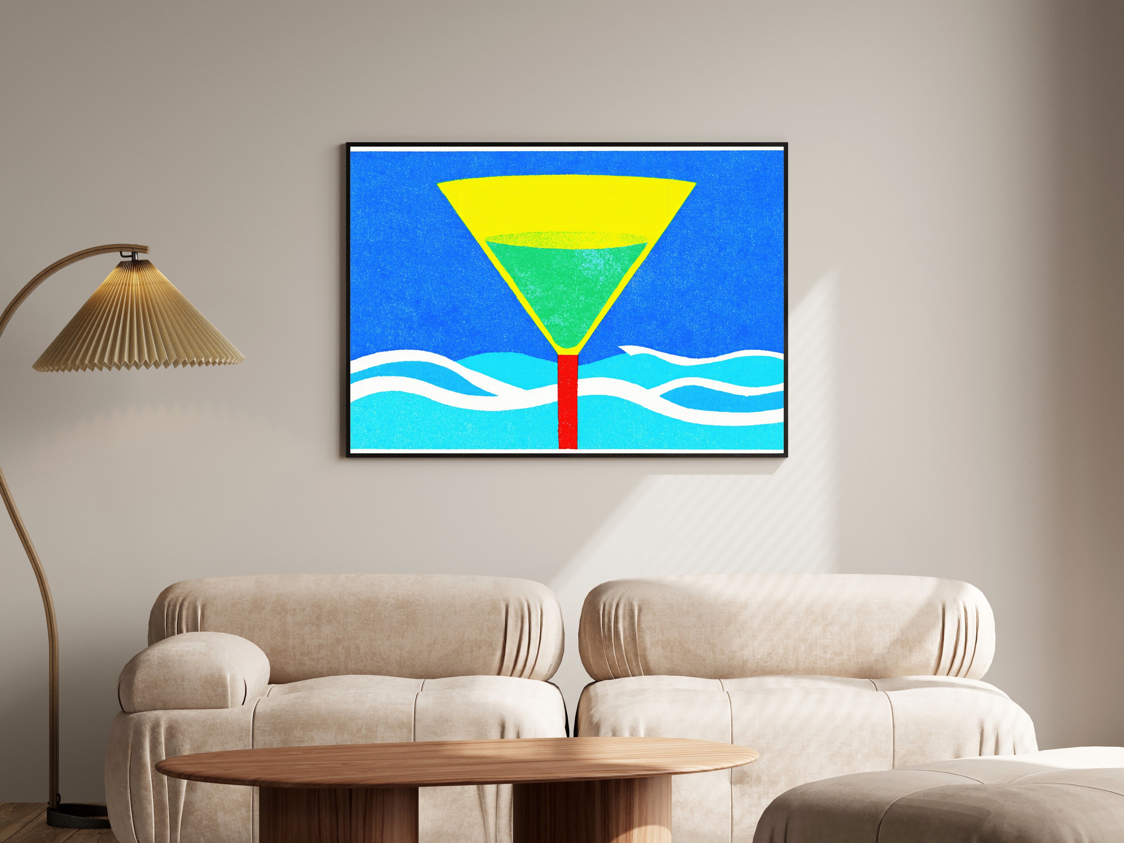 The Martini Sea, Risograph Art Print | Cocktail Seascape Wall Art | Acid Blush, Jade & Sky Blue — room-l-living-black