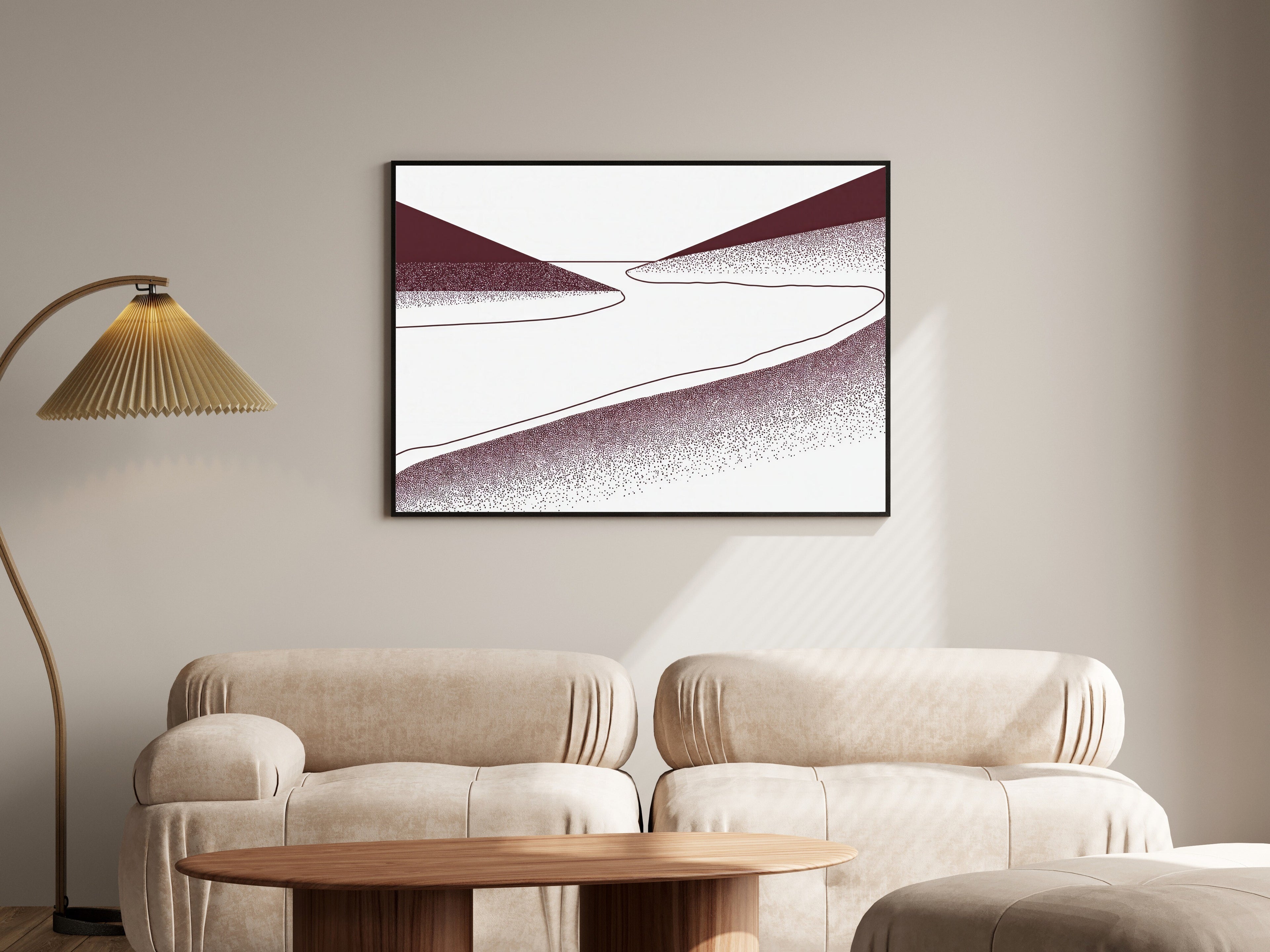 Oxblood Riverbank, Stippled Bauhaus Landscape Art Print | Minimalist Geometric Wall Art — room-l-living-black