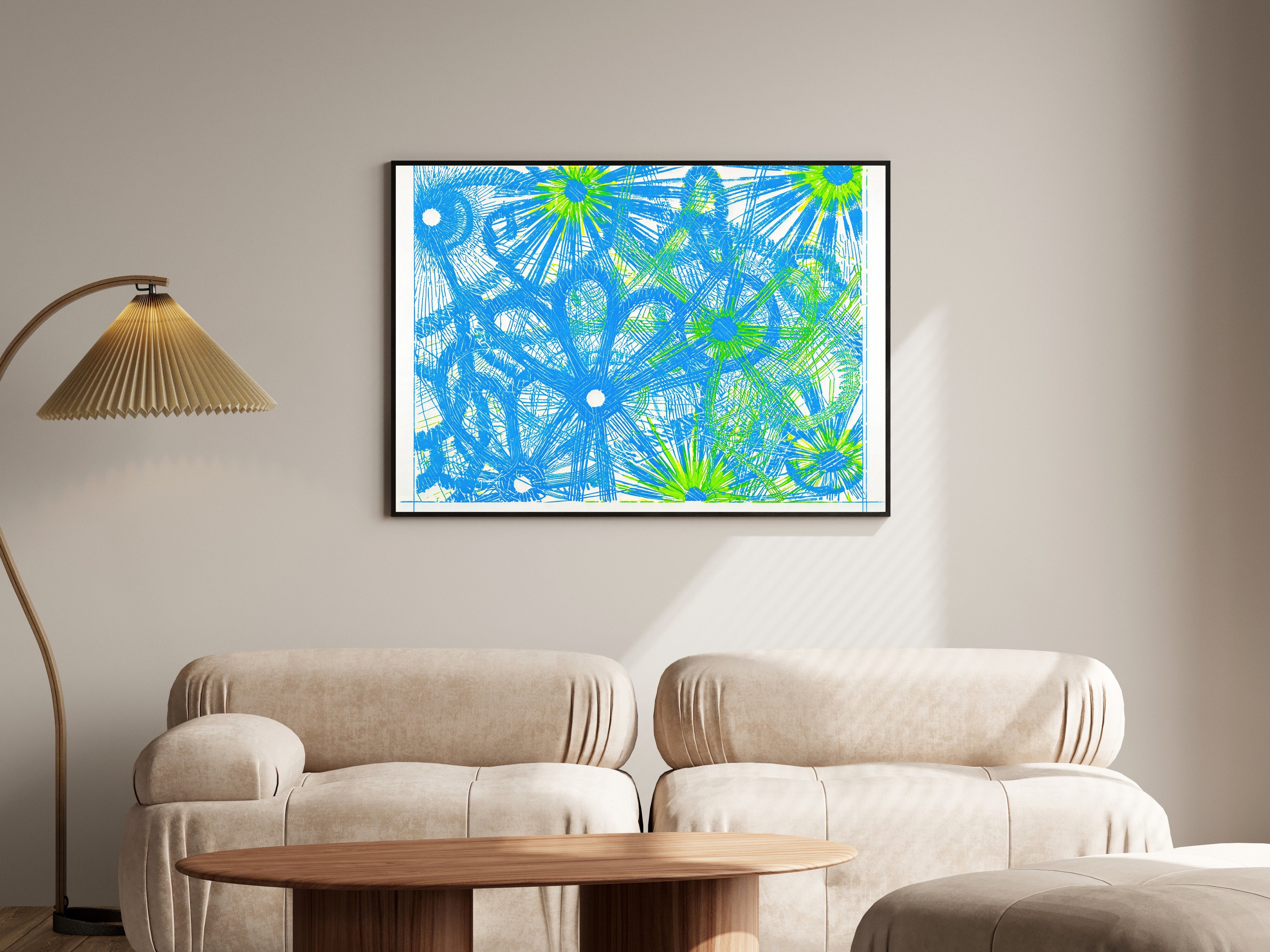 Circuit Radiance, Electric Neon Geometric Art Print | Cyan & Lime Blueprint Wall Art — room-l-living-black