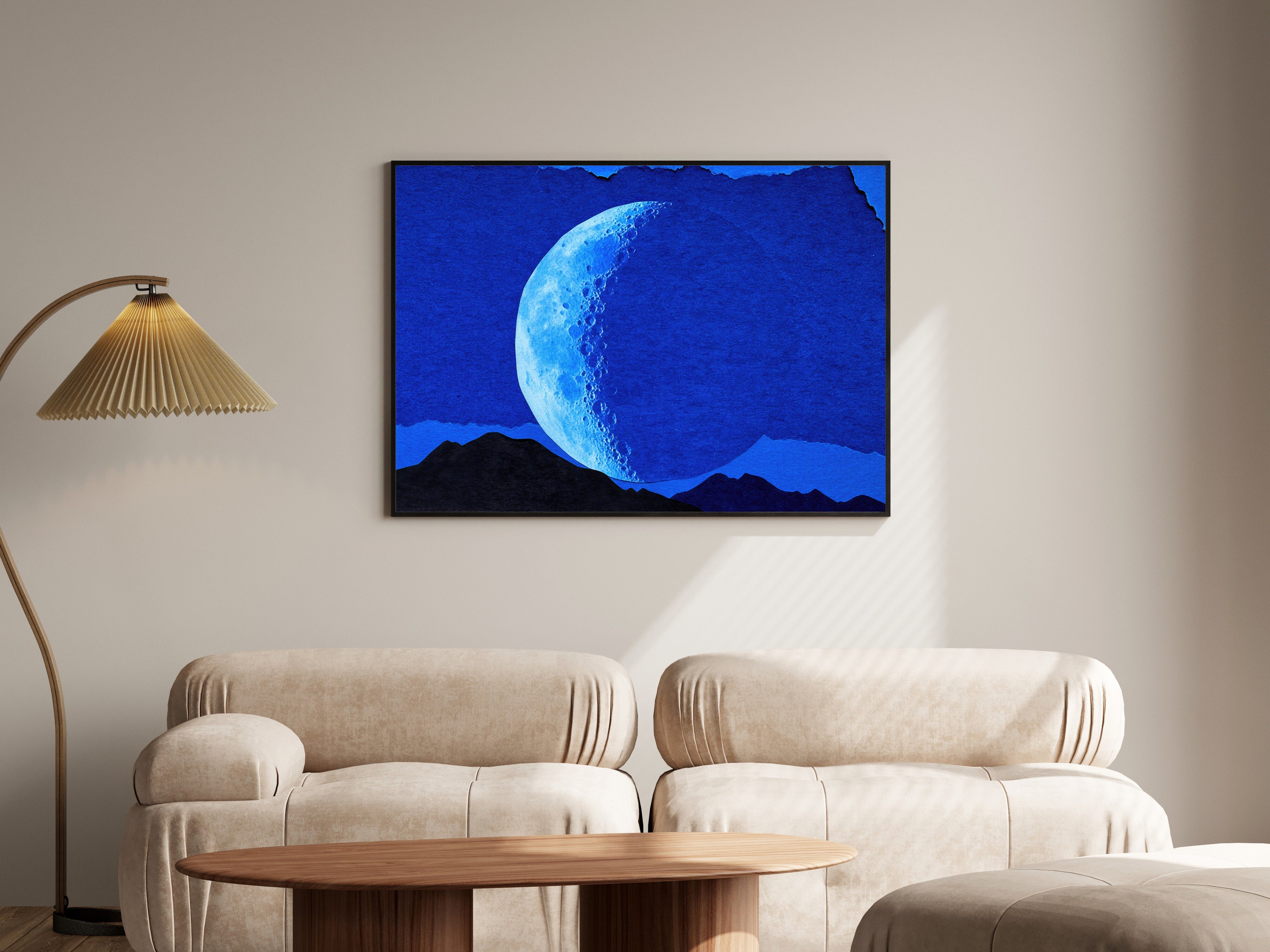 Crescent Moon Over Mountains Wall Art Print, Nocturne Blue Torn Paper Collage — room-l-living-black