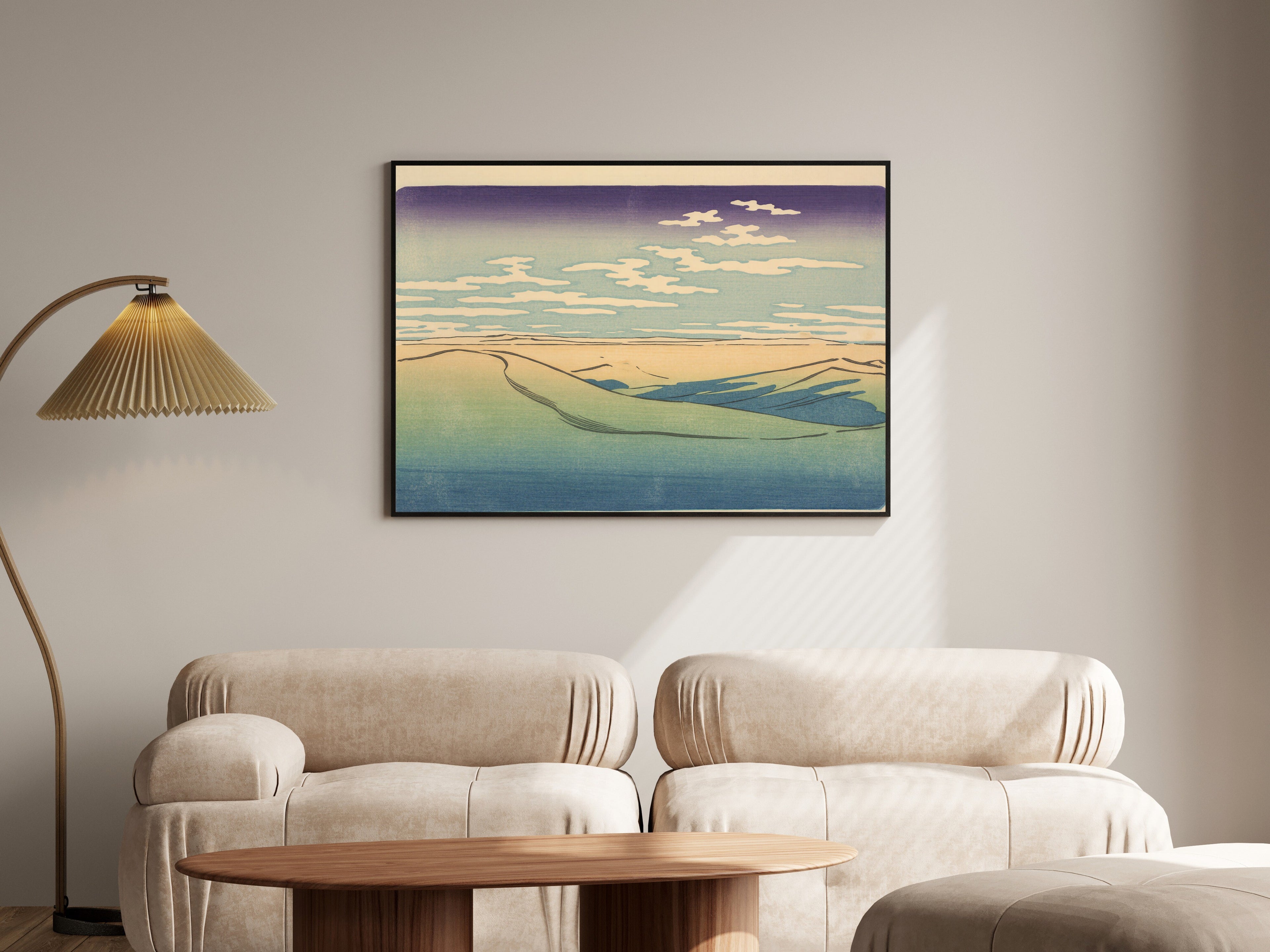 Desert Horizon Wall Art, Ukiyo-e Woodblock Style Print | Lilac & Green Duotone Landscape — room-l-living-black