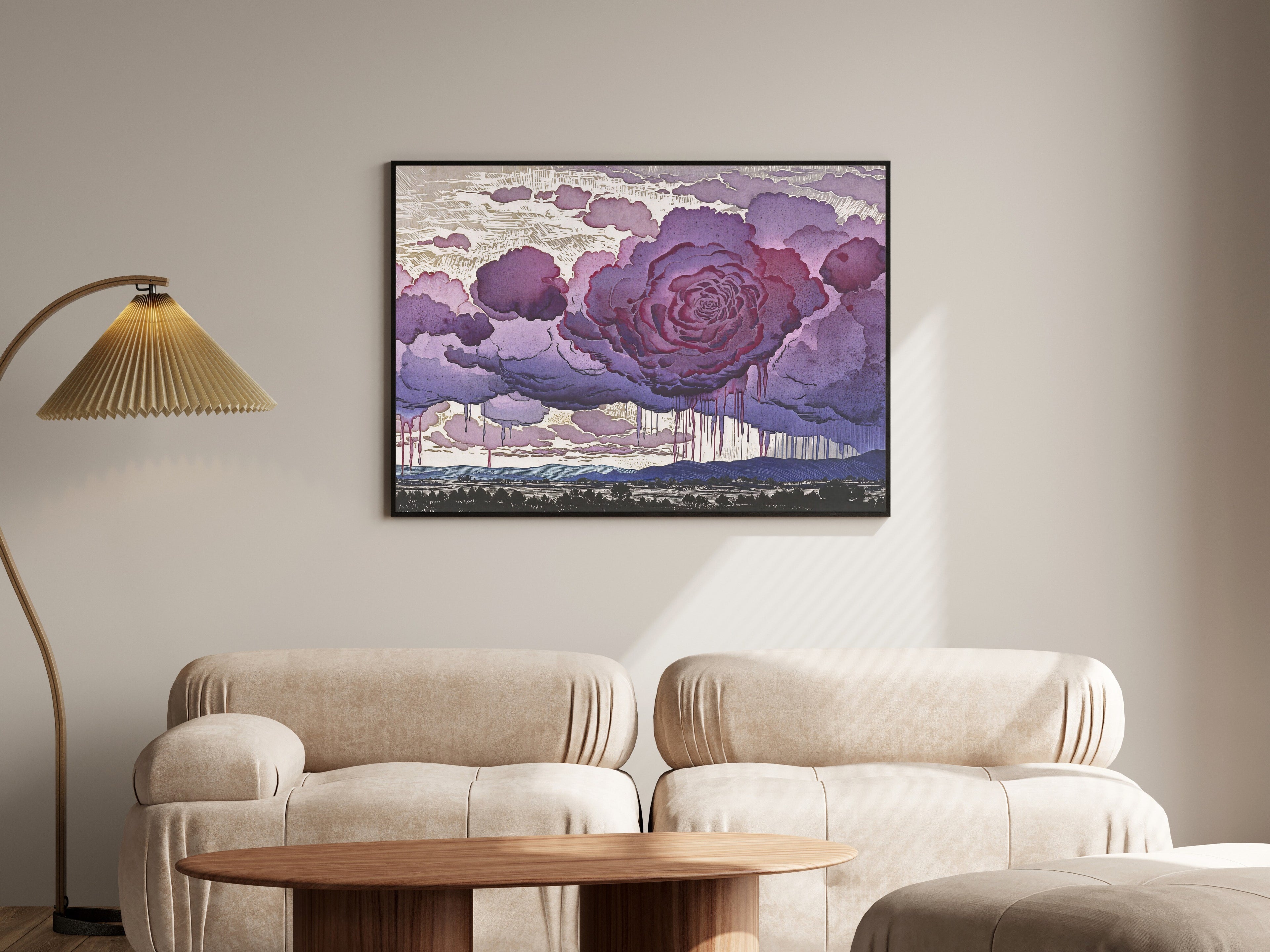 Passing Front, Linocut Landscape Art Print, Atmospheric Wall Art in Amethyst and Rose — room-l-living-black