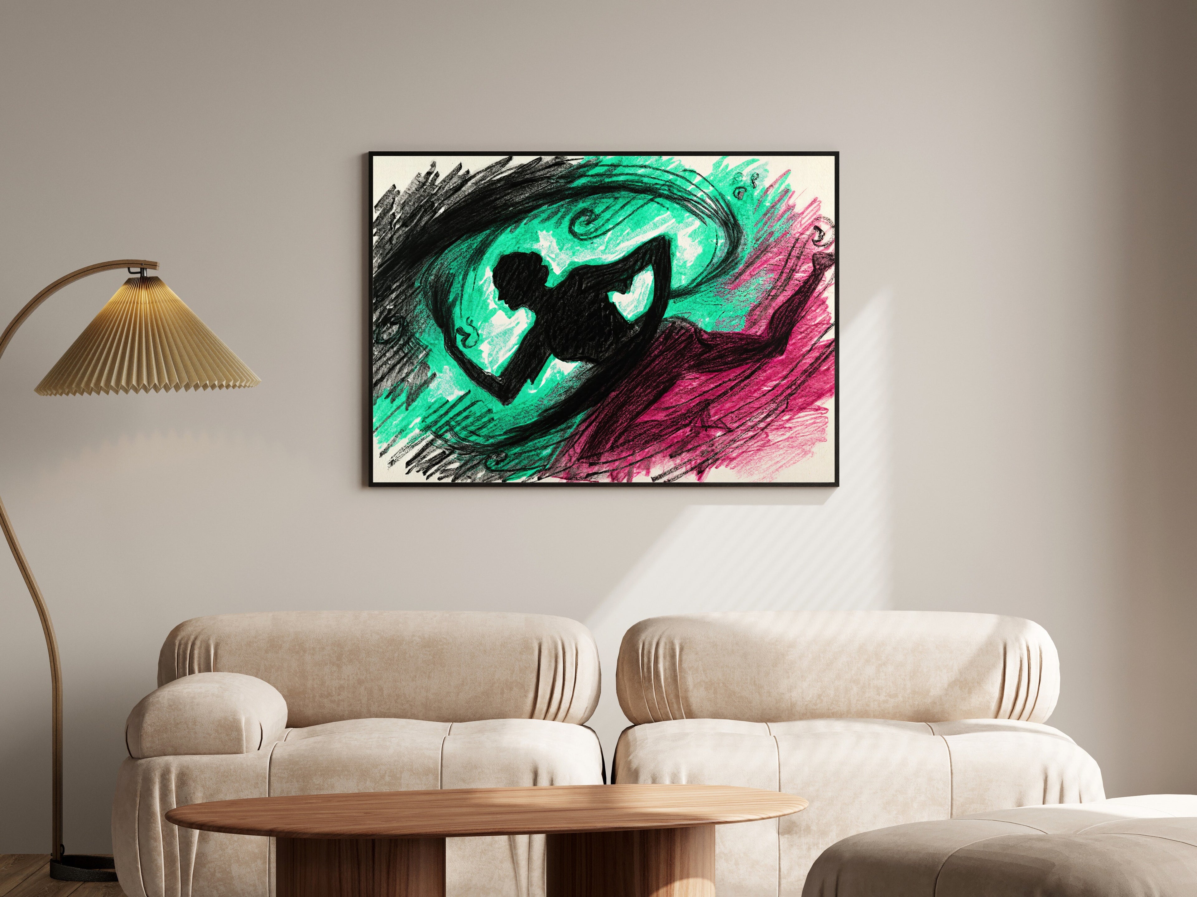 Looming Dancer Art Print, Abstract Charcoal & Graphite Wall Art | Sea Green & Raspberry — room-l-living-black