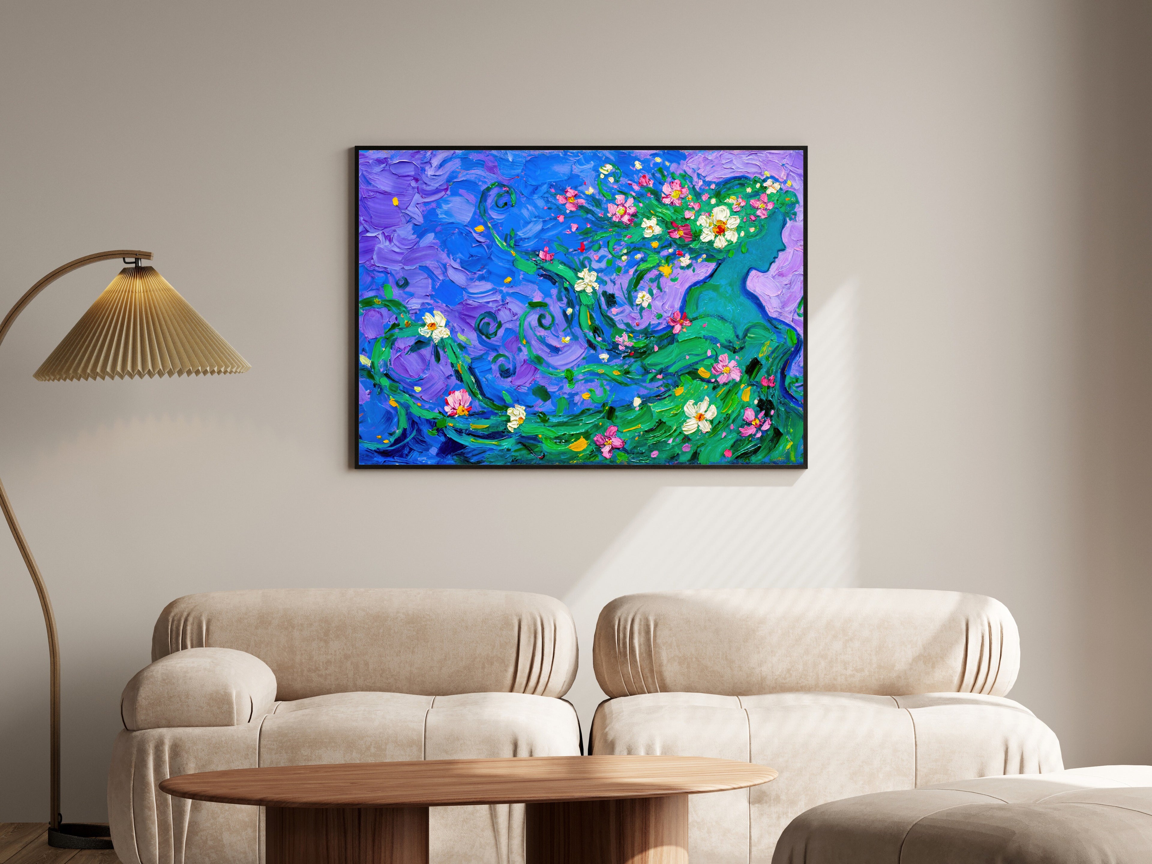 Flora and Form Wall Art Print, Jewel Tone Impasto Floral Silhouette in Sapphire, Emerald & Amethyst — room-l-living-black