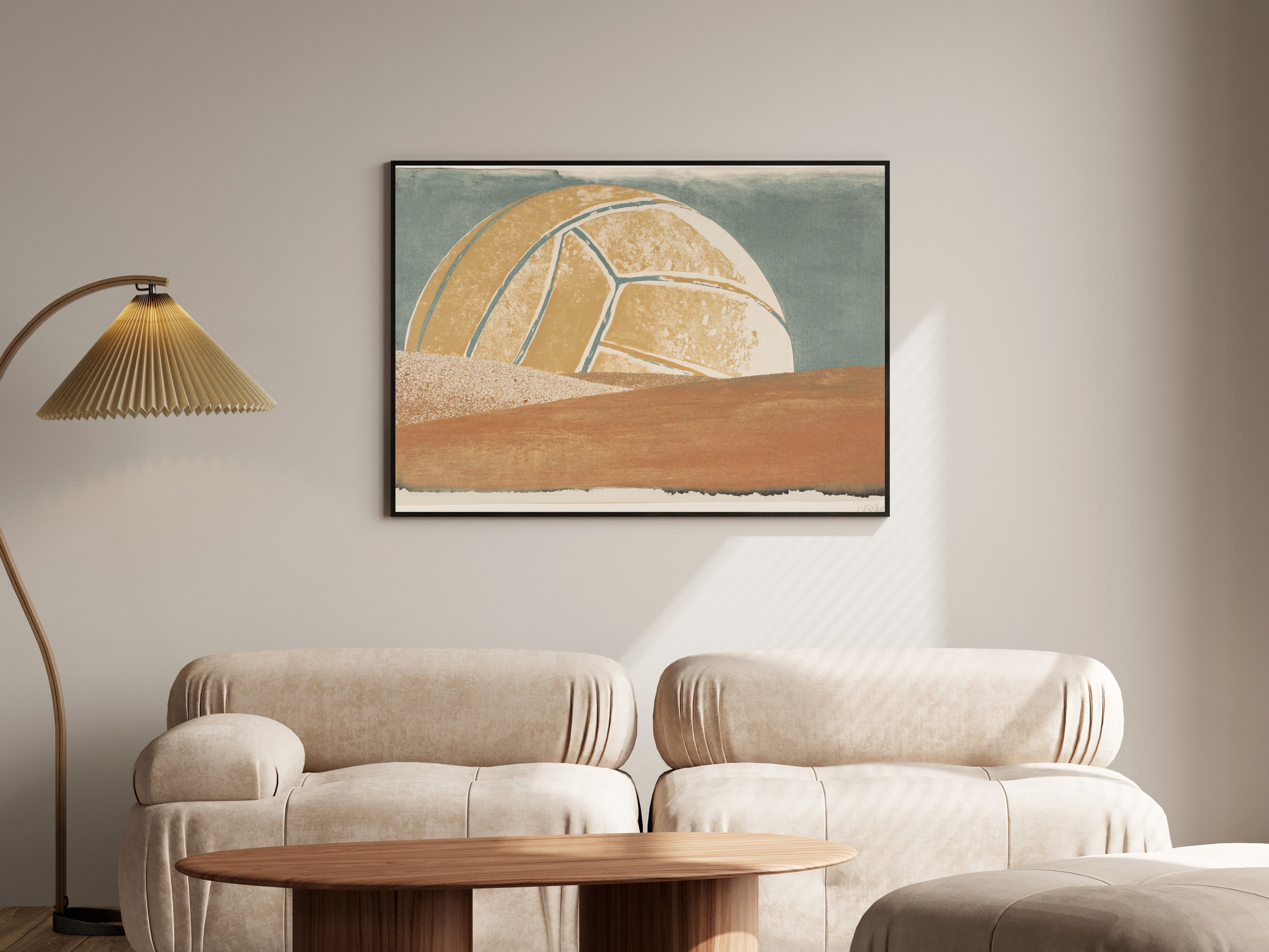 Desert Volleyball Moon, Minimalist Monoprint Wall Art Print | Muted Earth Tones — room-l-living-black