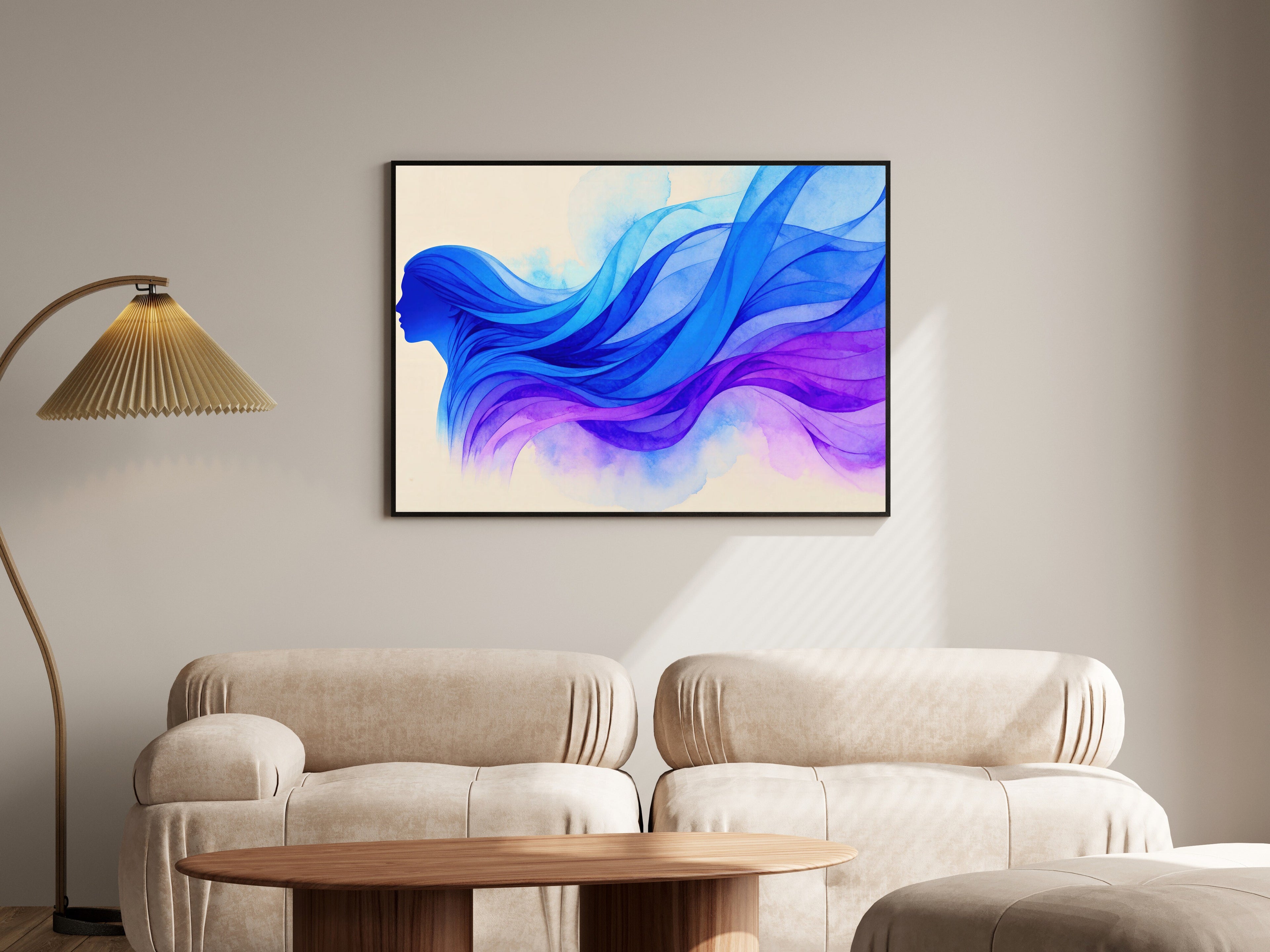 Silk Reverie, Abstract Man Silhouette Watercolour Wall Art in Steel Blue & Amethyst — room-l-living-black