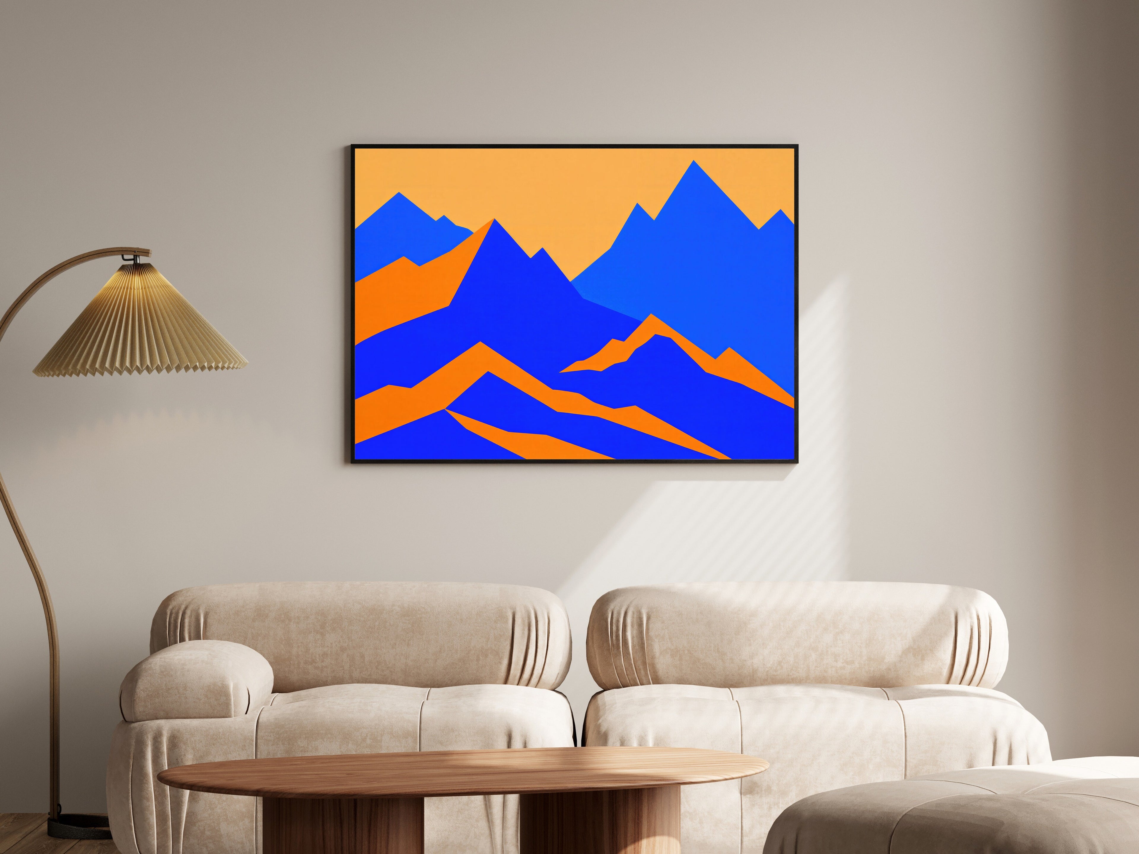 Azure Mountain Landscape Art Print | Geometric Wall Art | Minimalist Mountains in Blue & Ginger — room-l-living-black