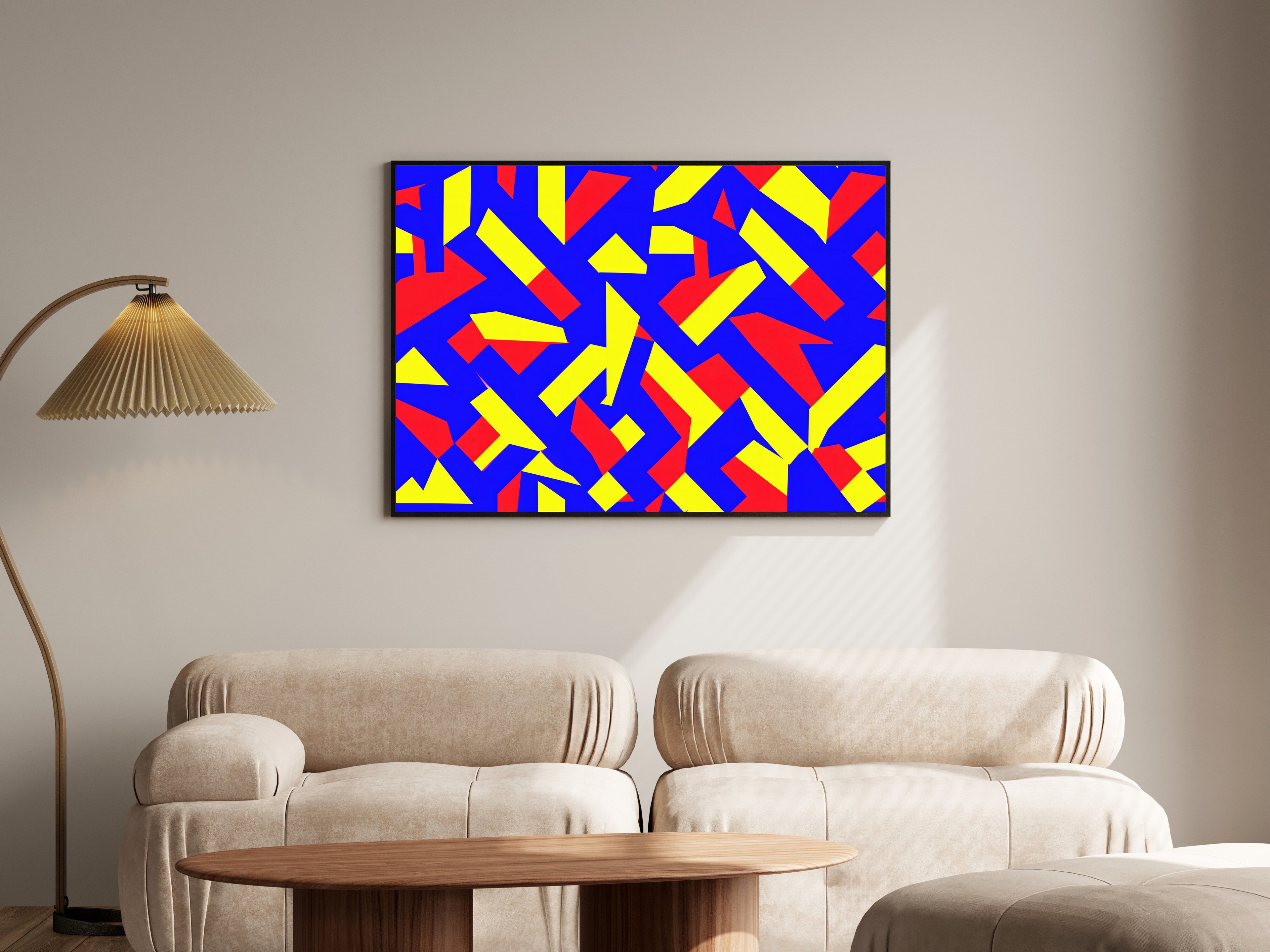 Primary Shards · Abstract Geometric Wall Art | Interlocking Colour Fragment Art Print, Red Blue Yellow — room-l-living-black