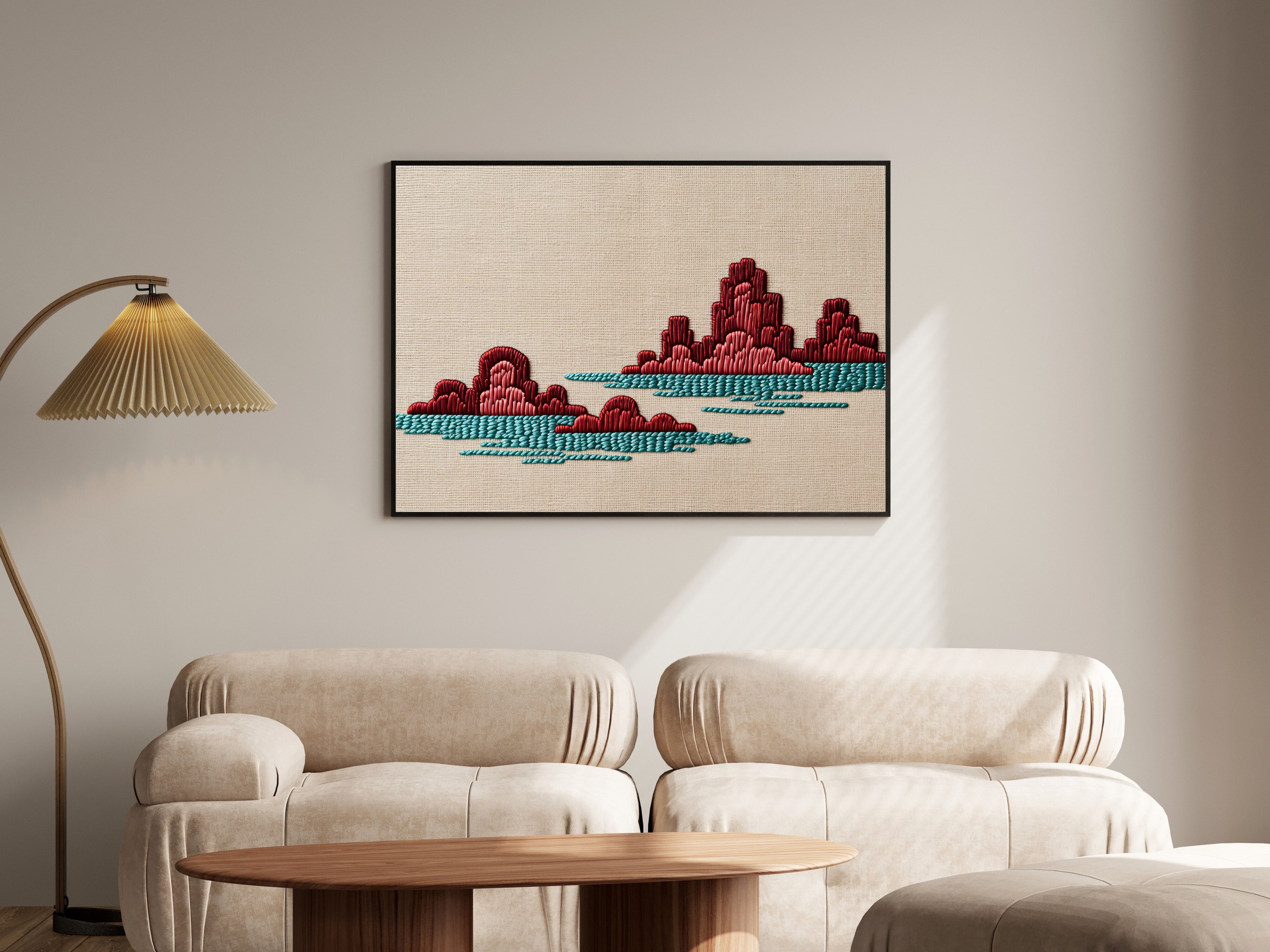 Arabesque Barrier Reef Art Print, Scarlet & Cyan Embroidery on Raw Linen | Wall Art — room-l-living-black