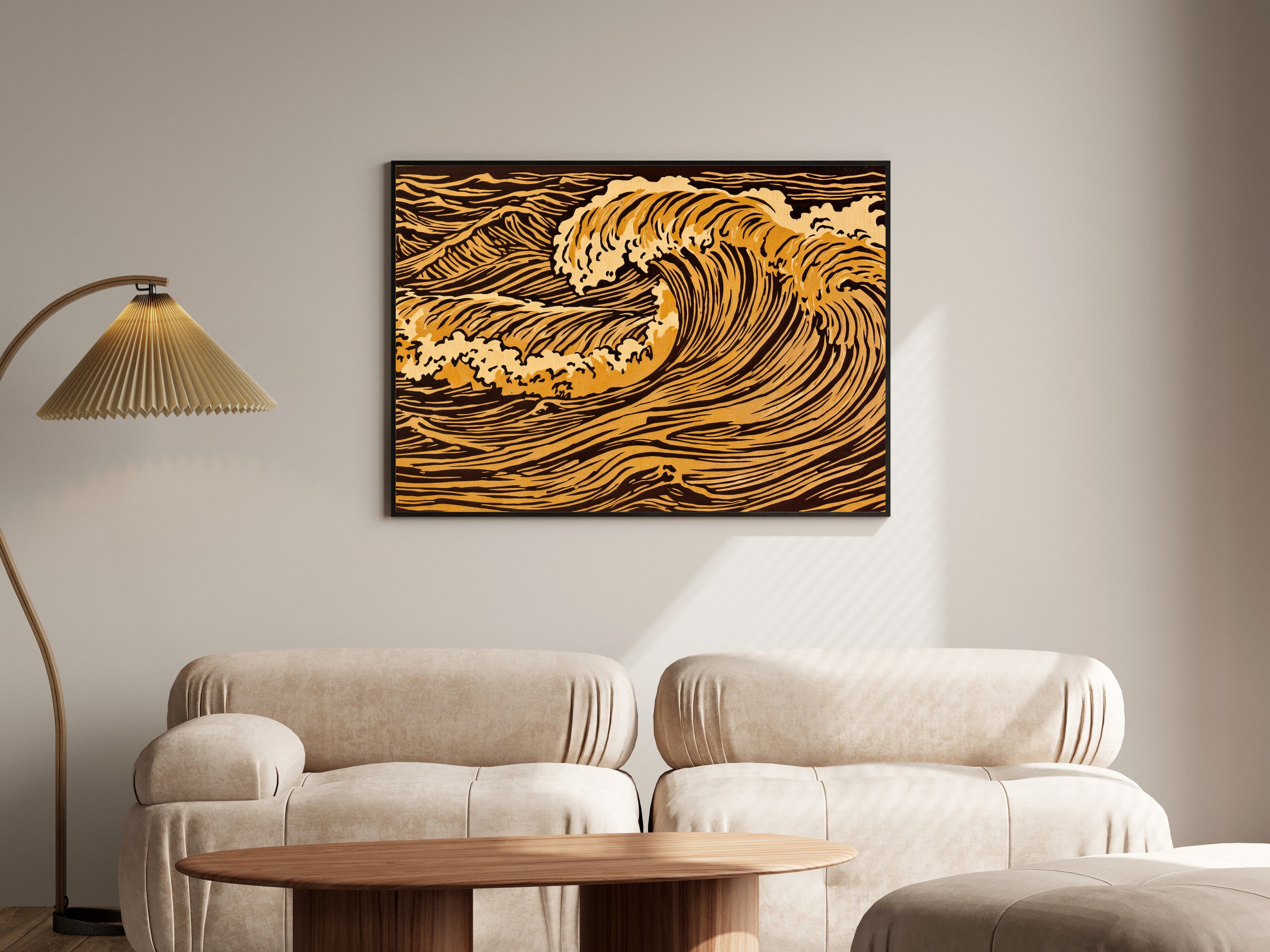 Frozen Amber Wave Wall Art | Woodblock Relief Art Print | Muted Ochre & Umber Landscape — room-l-living-black