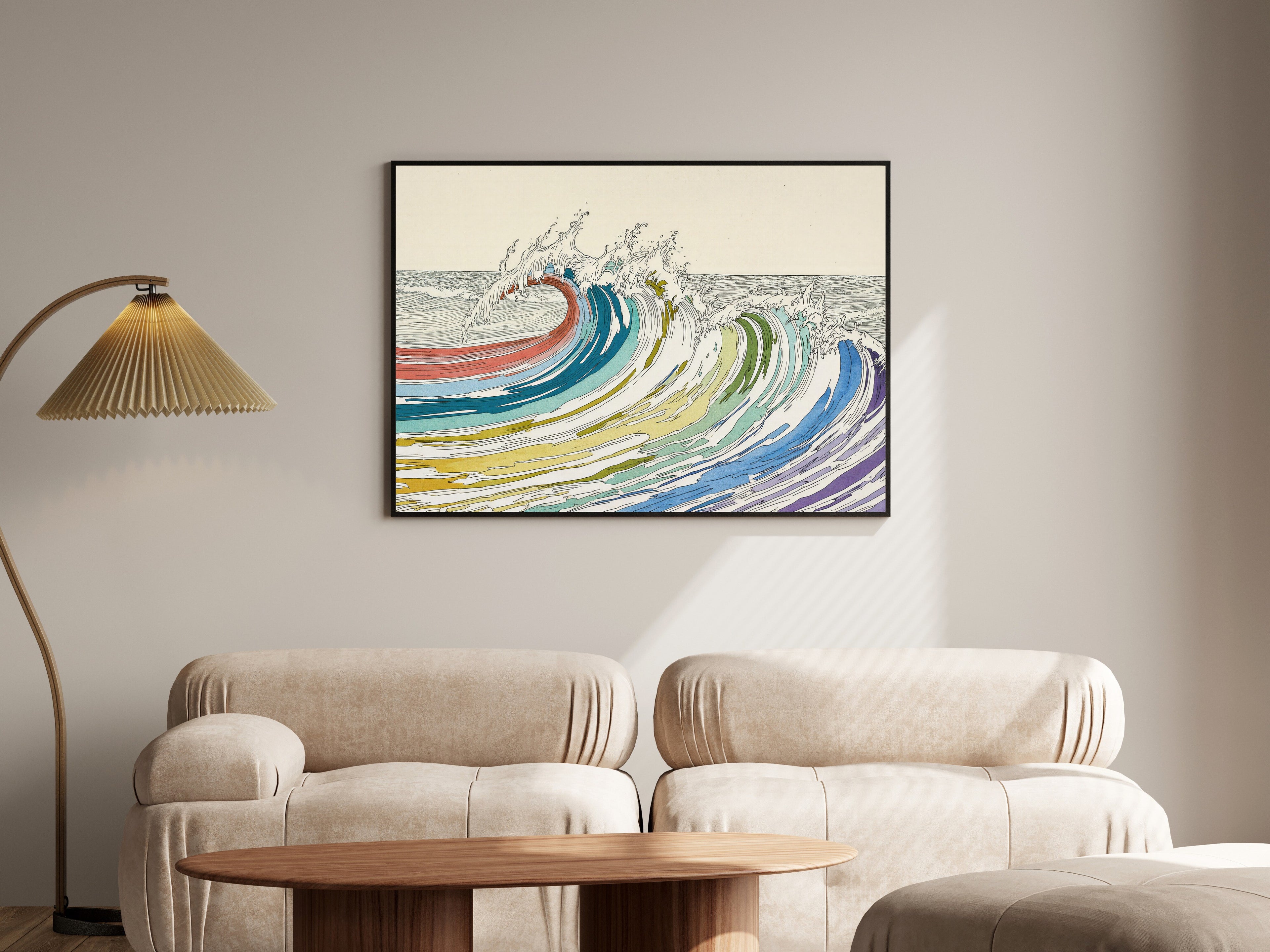 Cresting Wave Art Print, Polychromatic Fine Line Wall Art, Coastal Abstract — room-l-living-black