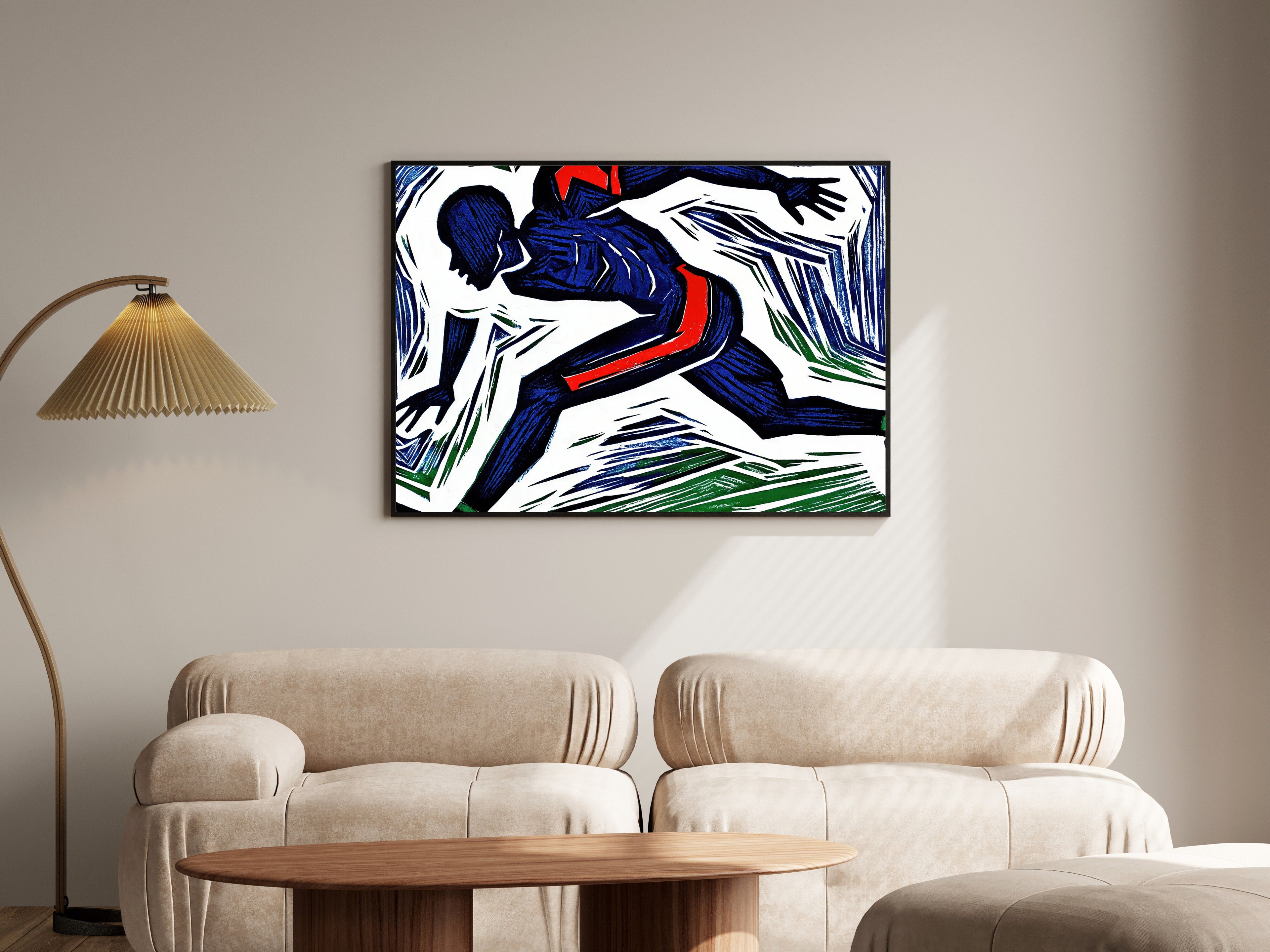 Mid-Stride, Woodblock Football Player Wall Art | Bold Graphic Sports Art Print, Navy Scarlet Viridian — room-l-living-black