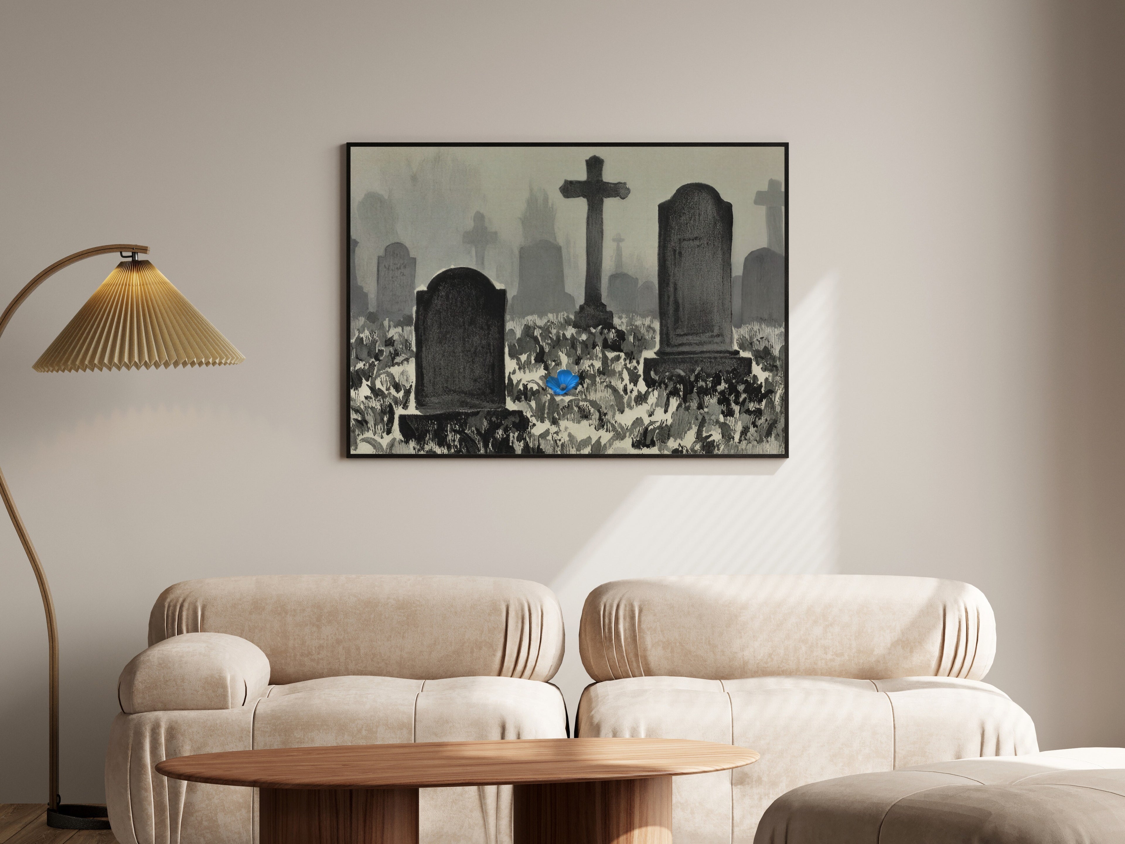 Still Ground, Cemetery Silhouettes Wall Art Print | Near-Monochrome with Ultramarine Petal — room-l-living-black