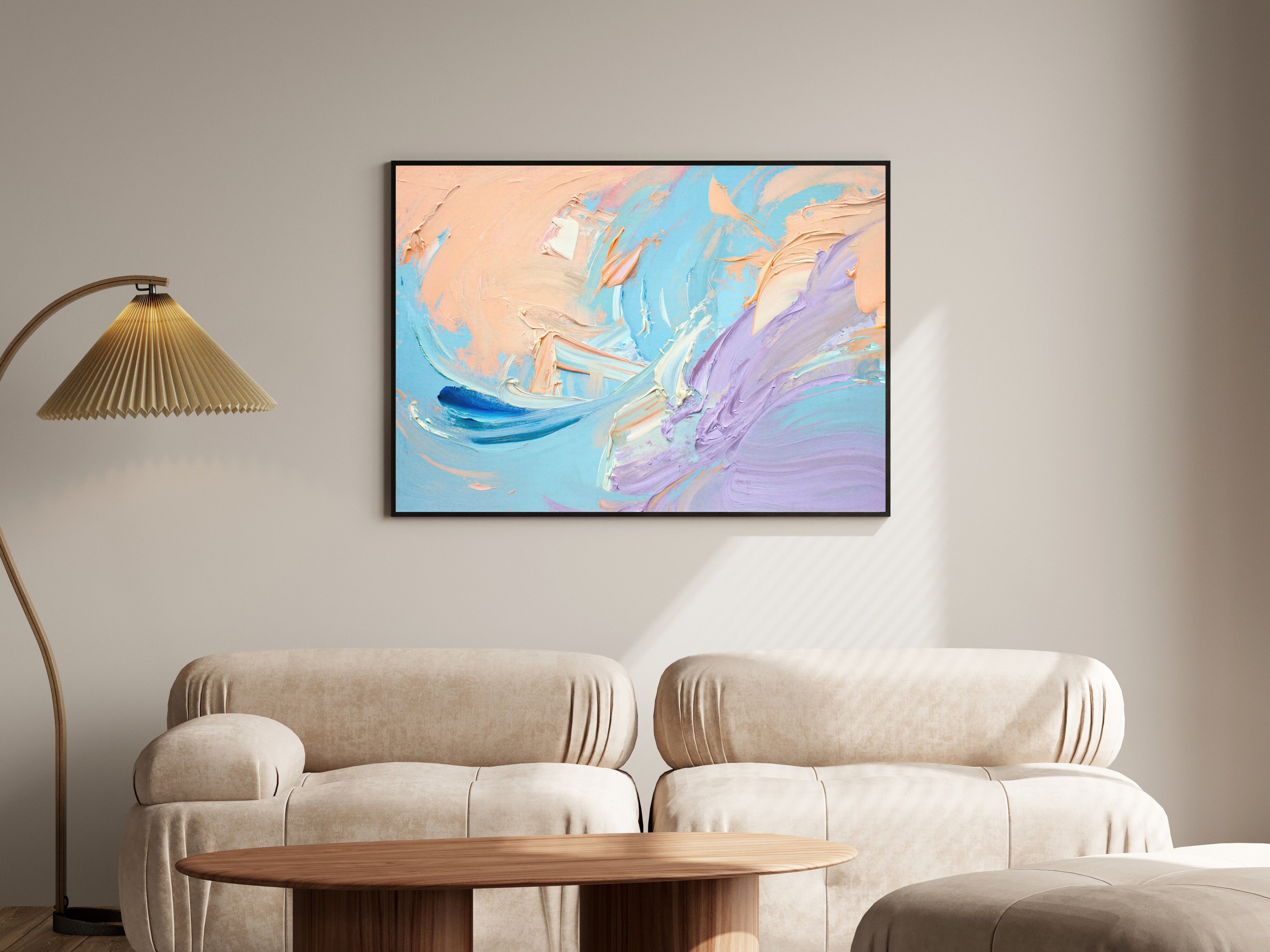 Ethereal Impasto Wall Art | Abstract Gestural Art Print | Pastel Peach Blue Lavender | Framing-Ready — room-l-living-black